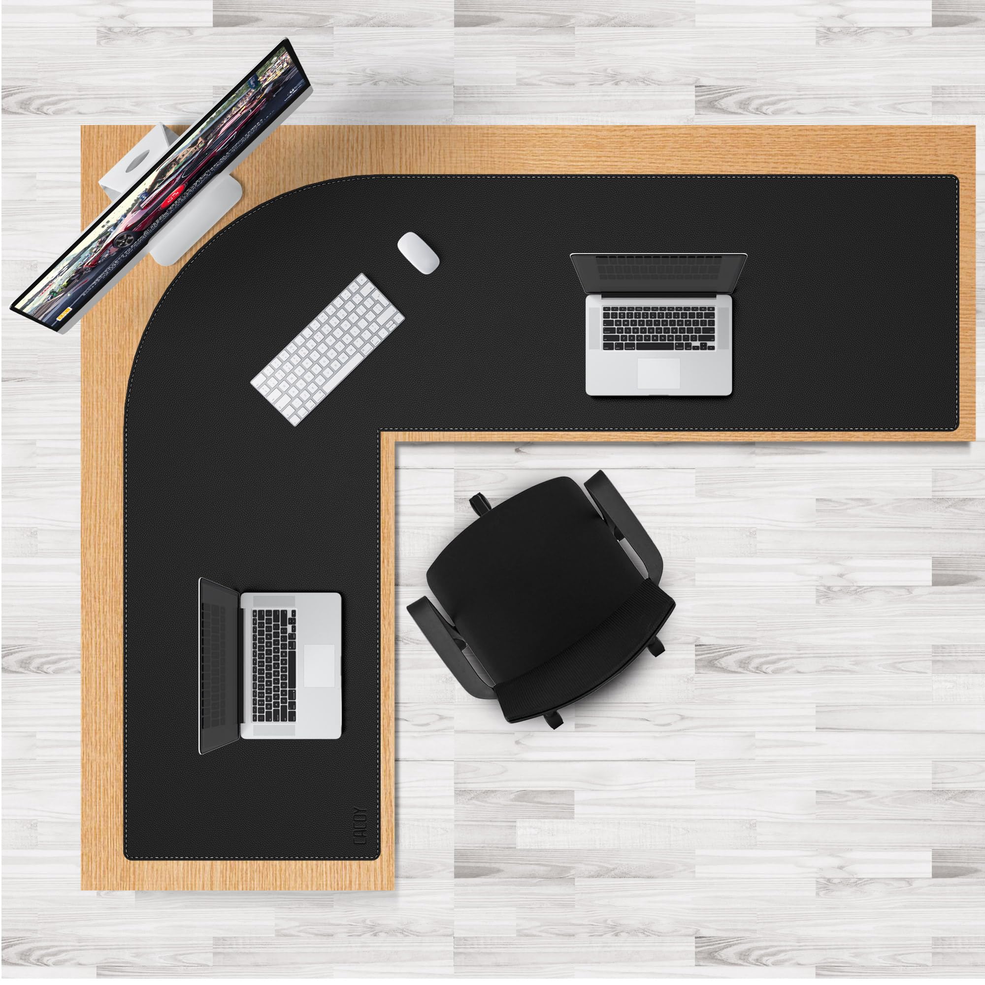 Cacoy Tapis de souris de jeu en forme de L en cuir synthétique noir, taille XXL, 190 cm (L) x 150 cm (L) x 60 cm (l) – Sous-main imperméable en cuir de qualité supérieure pour bureau et maison