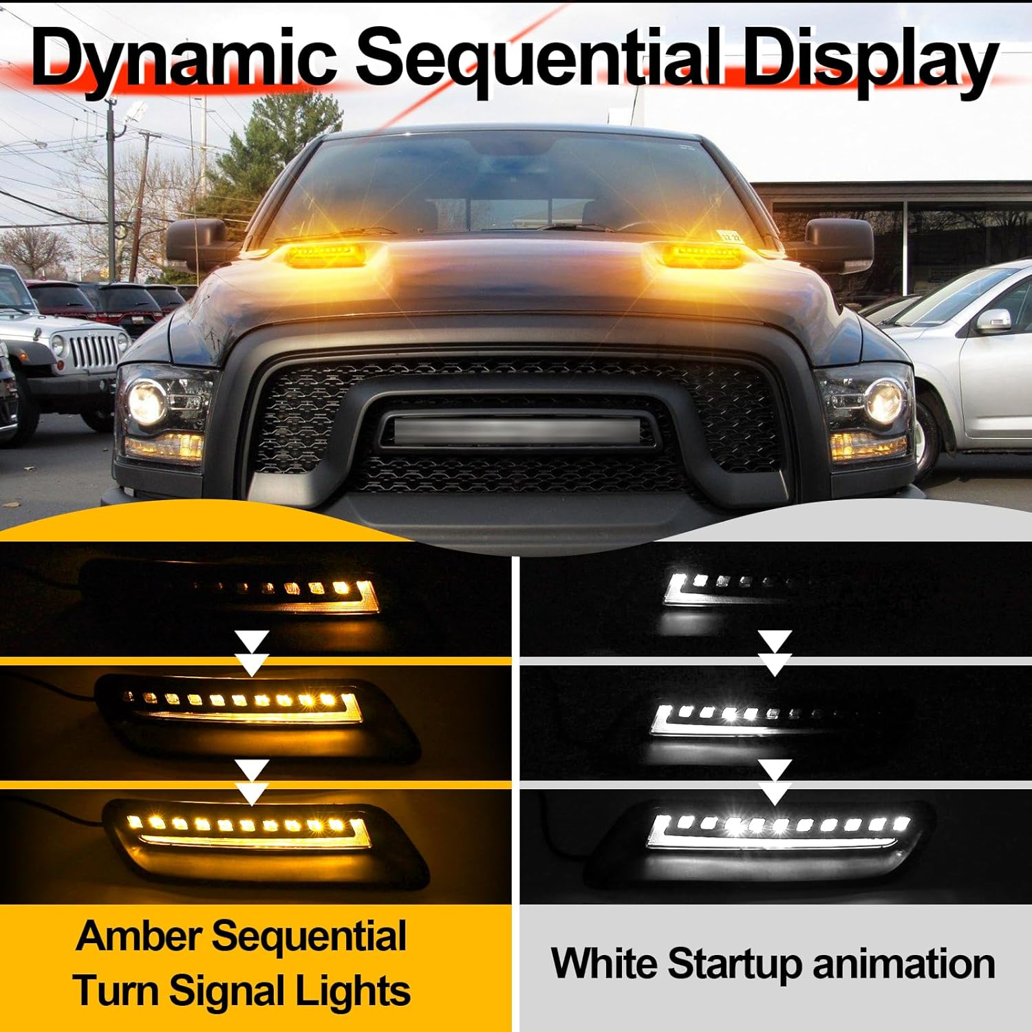 Led Hood Vent Lights and RGB Grill Light For Dodge Ram 1500 Accessories Bundle-Switchback DRL with Amber Turn Signal & Custom Grille lights