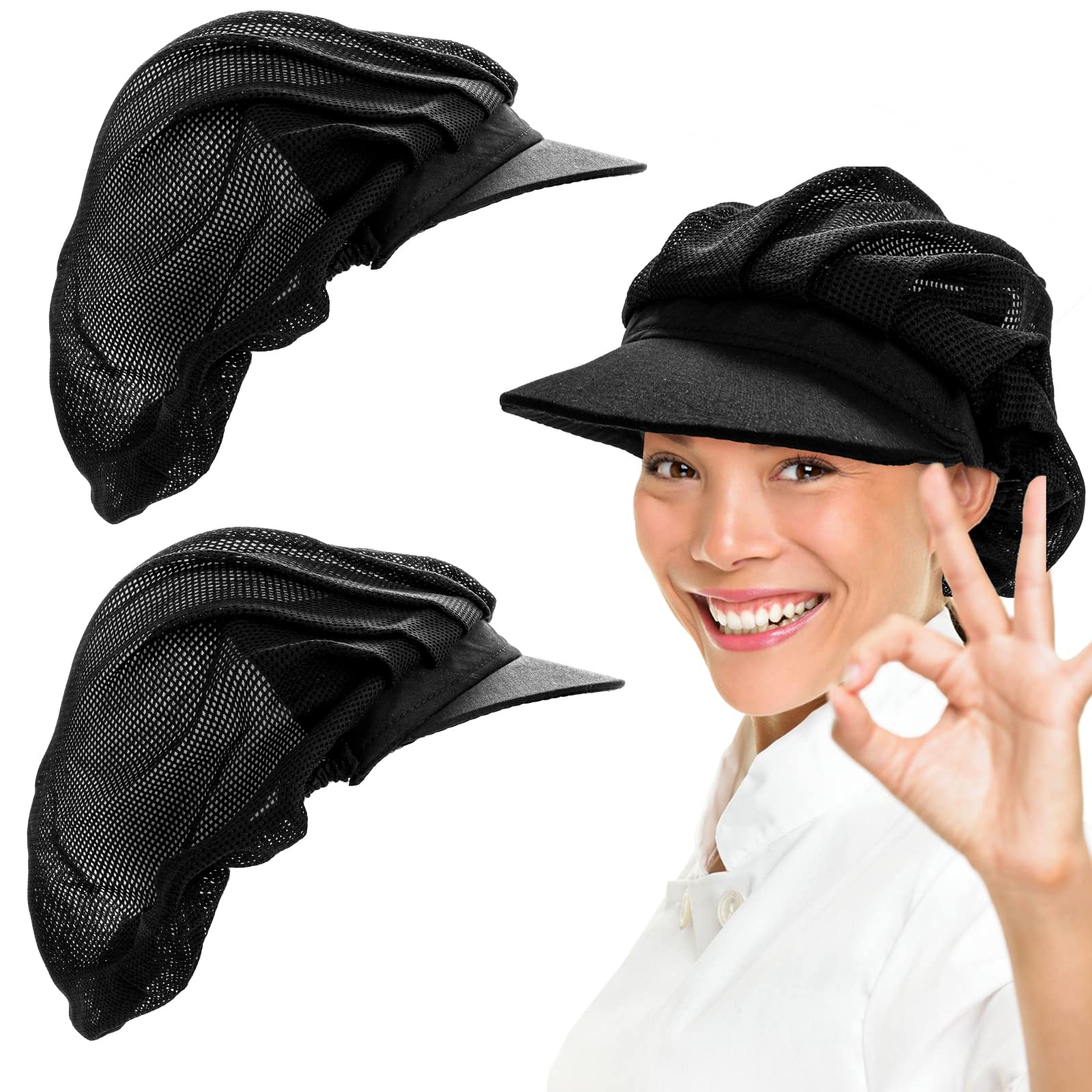 Cappello da Cuoco in Cotone Nero Donna Cucina Chef Baker Cuffia Alimentare Ristorante Raffreddamento Riutilizzabile 2 Pezzi