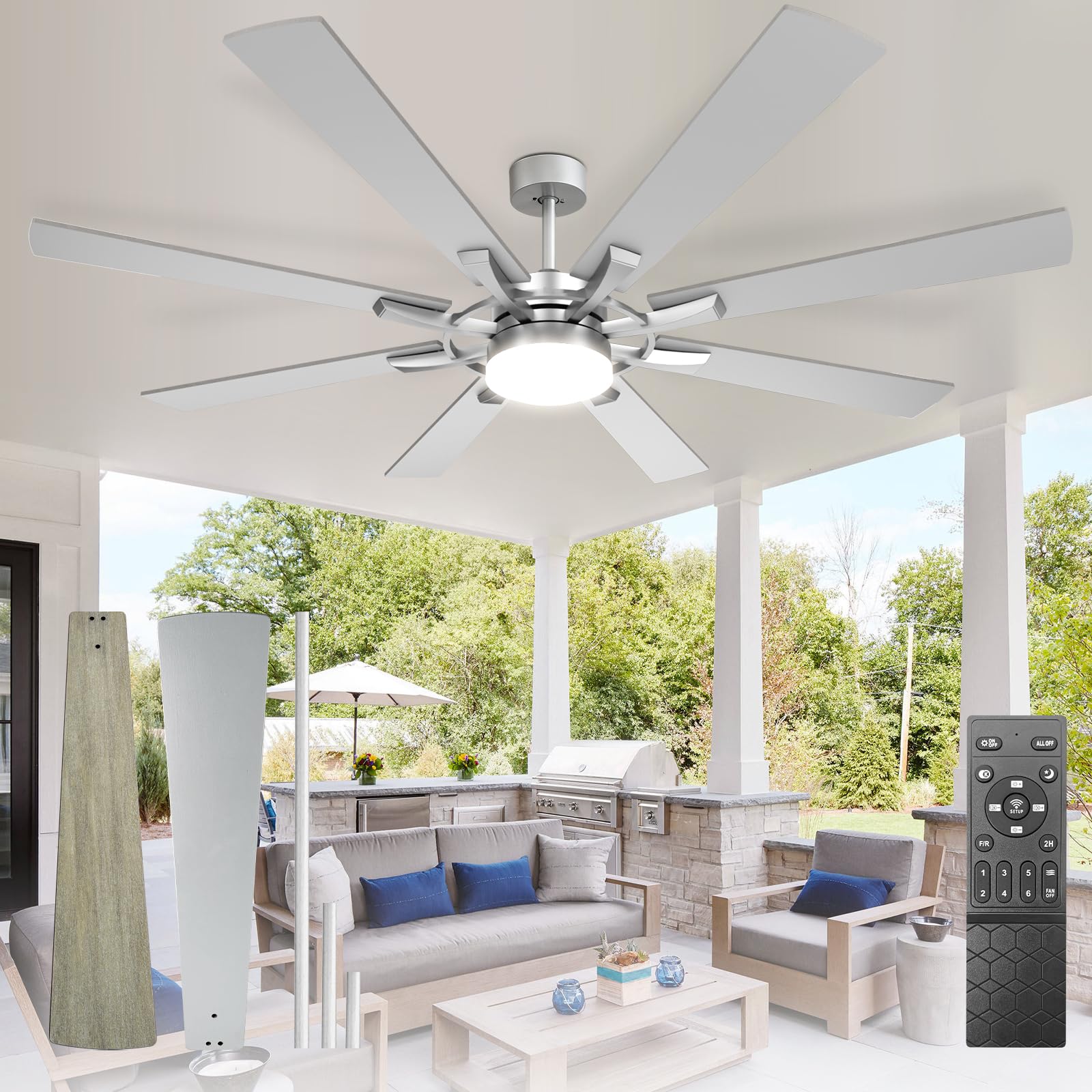 Depuley 72-Inch Ceiling Fan with Light: Modern 8-Blade Brushed Nickel Indoor Outdoor Fans with Remote App Control Dimmable Light - Ultra Quiet DC Motor Reversible 6 Speed Timer