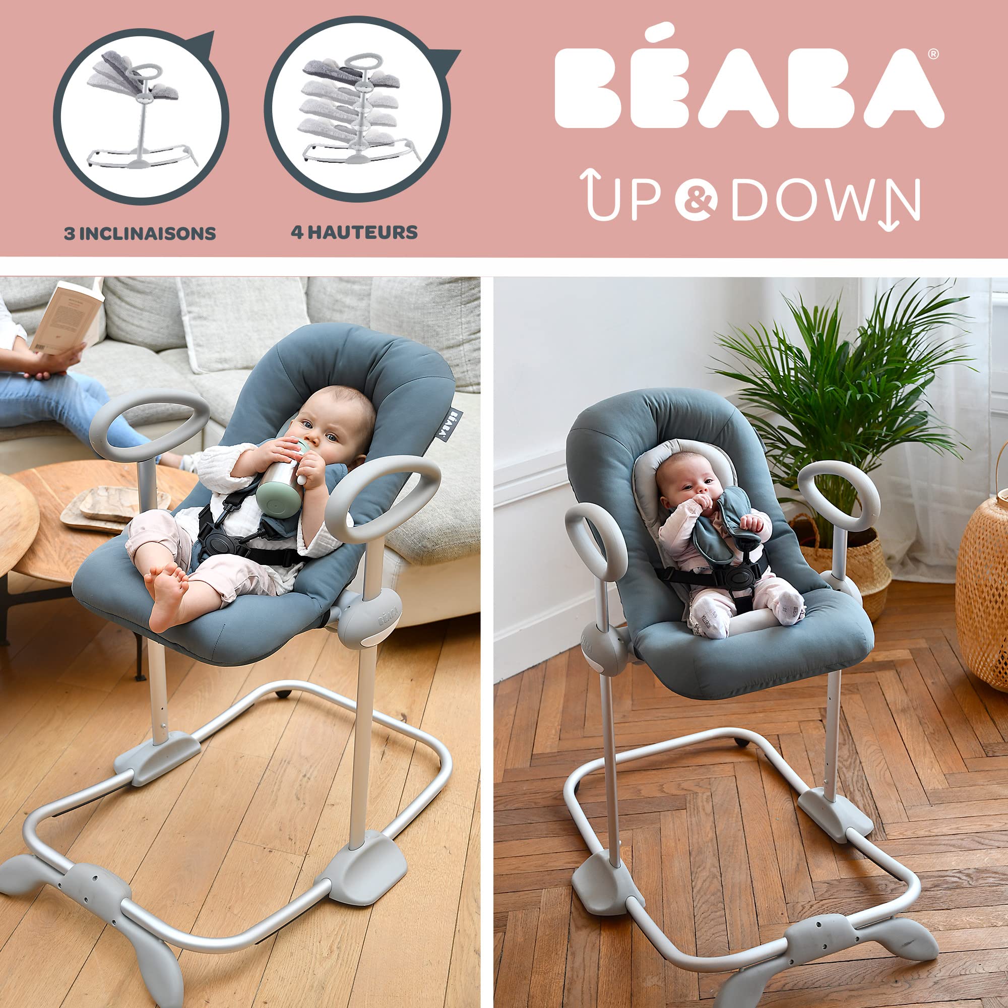 BÉABA, Transat Up & Down IV, Transat Réglable en Hauteur, Unisexe pour Bébé et Enfants, 3 Positions d'Inclinaison, Harnais Sécurité 5 Points, Réducteur de Naissance, Cosy mineral