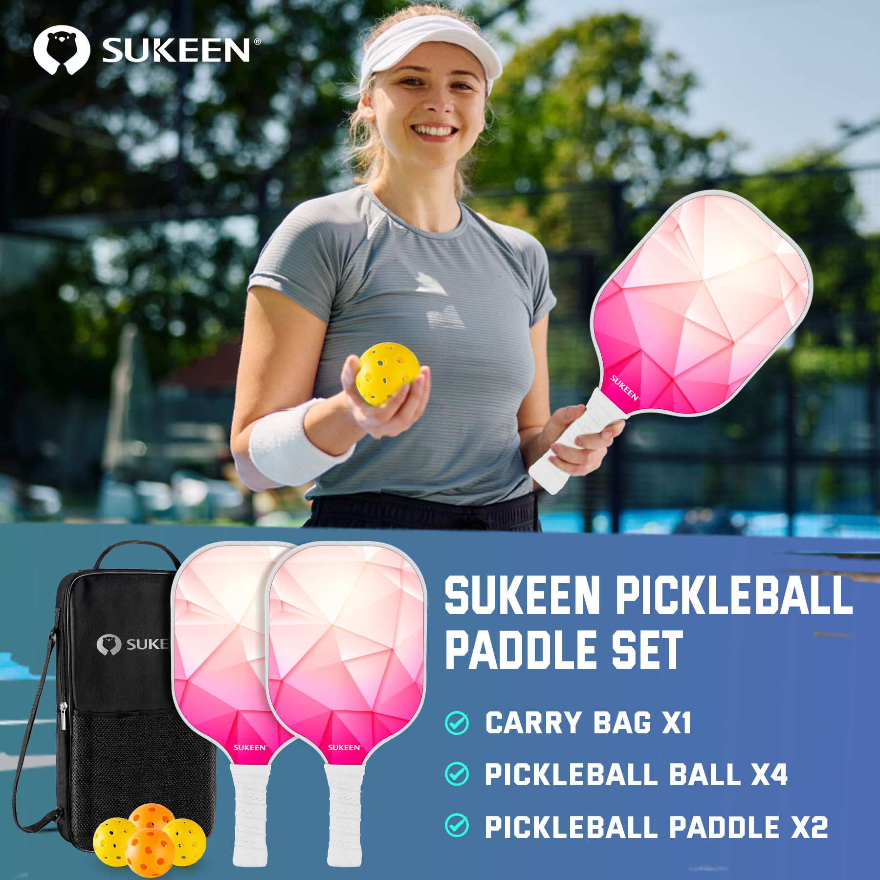 Set Raquettes Pickleball Sukeen - 2 Paddles Fibre De Verre - Série Starry Sky - Pour Débutants