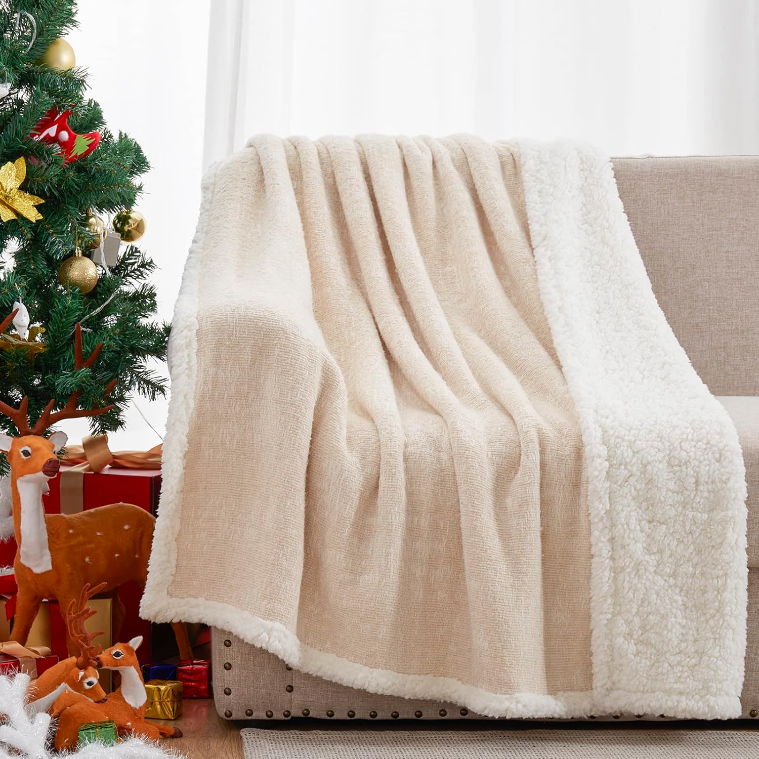 SE SOFTEXLY Throw Blanket, Reversible Sherpa Blanket with 30% Wool and 70% Cotton, Fuzzy Plush Fluffy Soft Blanket, Fall Winter Blanket for Couch Bed Sofa Chair (Cream, 50" x 60")