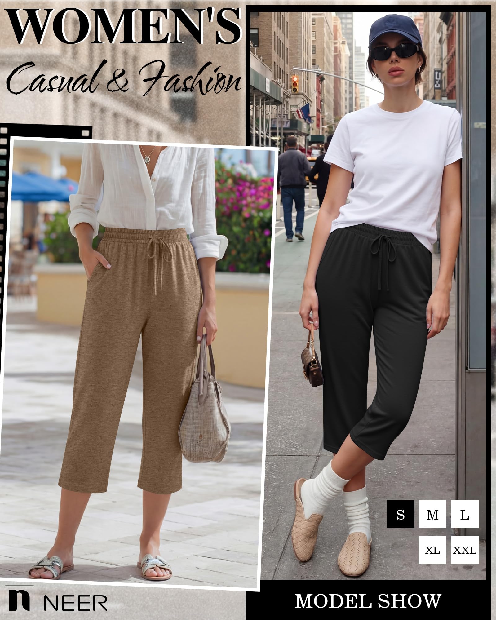 Neer Lot de 4 Pantalons Capri à Jambes Larges pour Femme - Pantalon de Yoga avec Cordon de Serrage - Coupe Ample - avec Poches