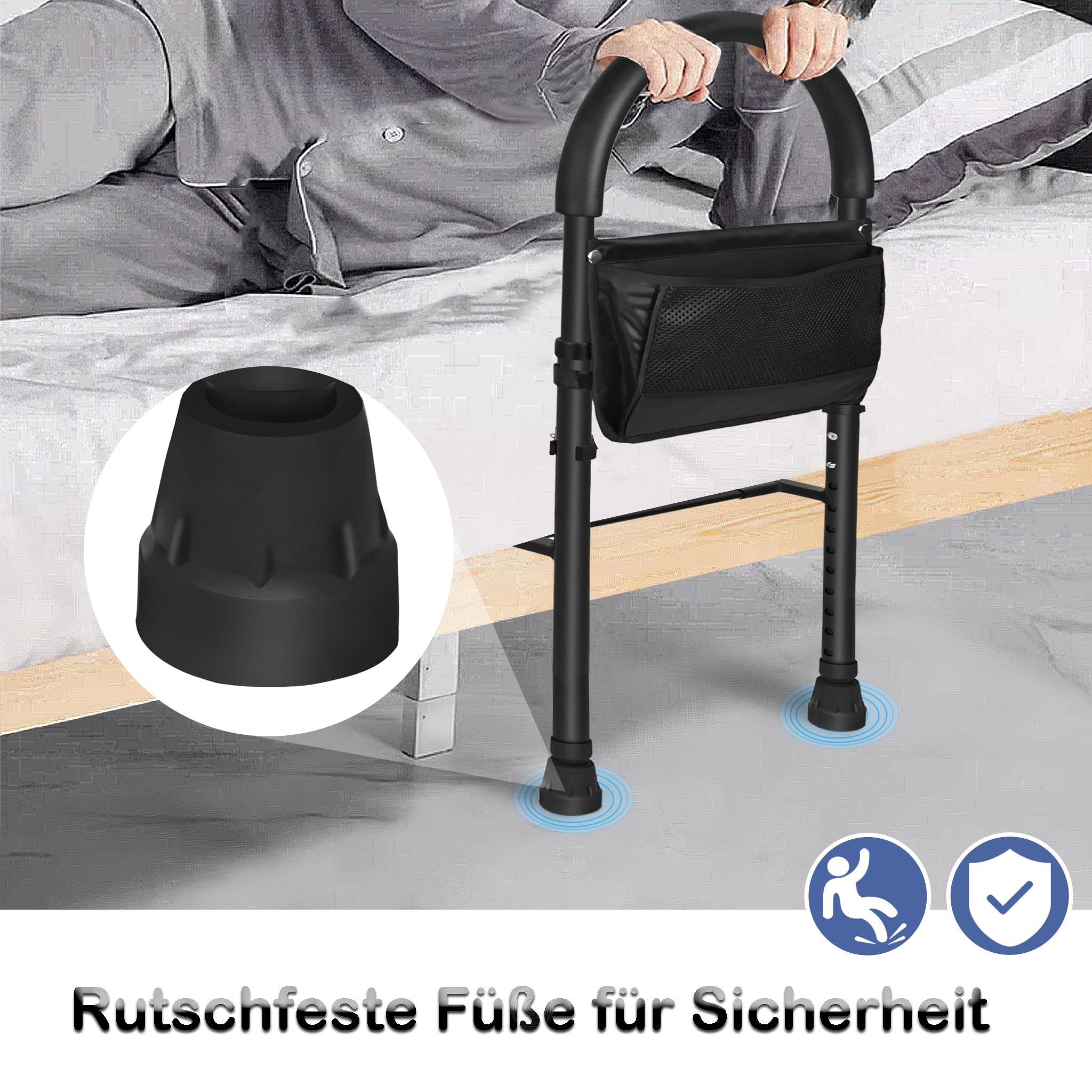 YRHome Składana barierka do łóżka, pomoc przy wstawaniu do łóżka, ochrona przed wypadnięciem, pomoc dla seniorów, regulowana 83-113 cm, z antypoślizgowym uchwytem do łóżka, stabilne nóżki i torba do