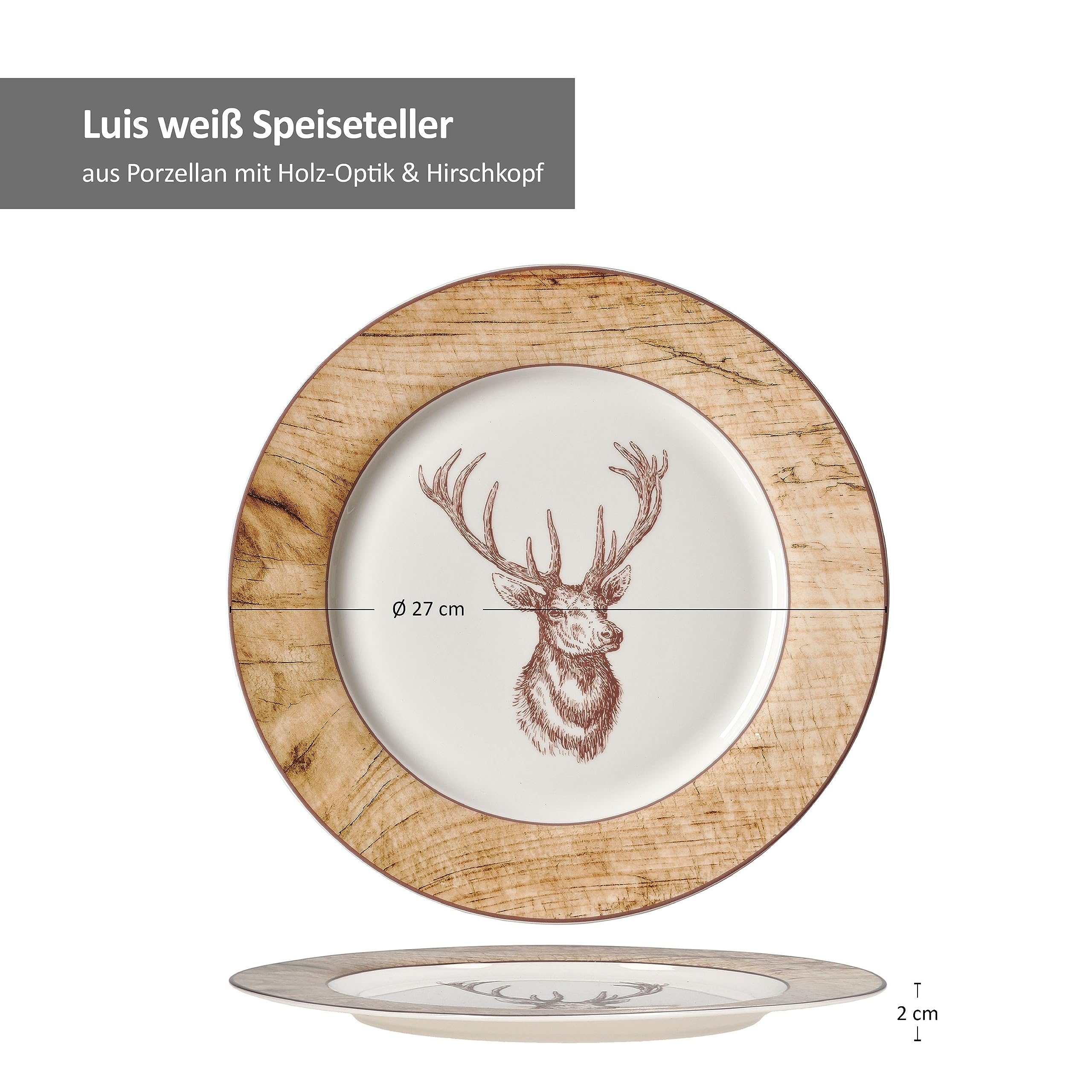Ritzenhoff & Breker Lot De 6 Assiettes Plates Luis 27 Cm - Porcelaine Blanche Avec Tête De Cerf & Bord Bois Rustique, Vaisselle BBQ Et Quotidienne