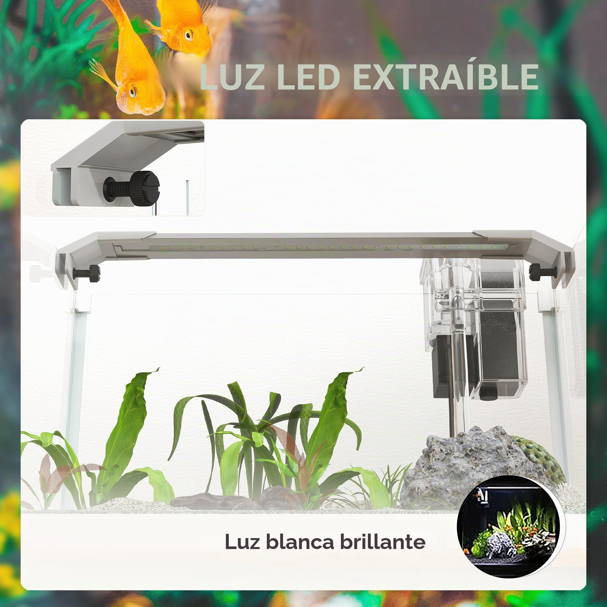 PawHut Acuario de Vidrio con LED, 20L, Bomba de Filtro, Blanco