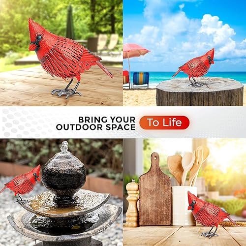 Miniatura 6 de Decoración de jardín de pájaro de metal con estatua cardenal, arte de metal para patio, esculturas y estatuas para exteriores, pájaro rojo grande,