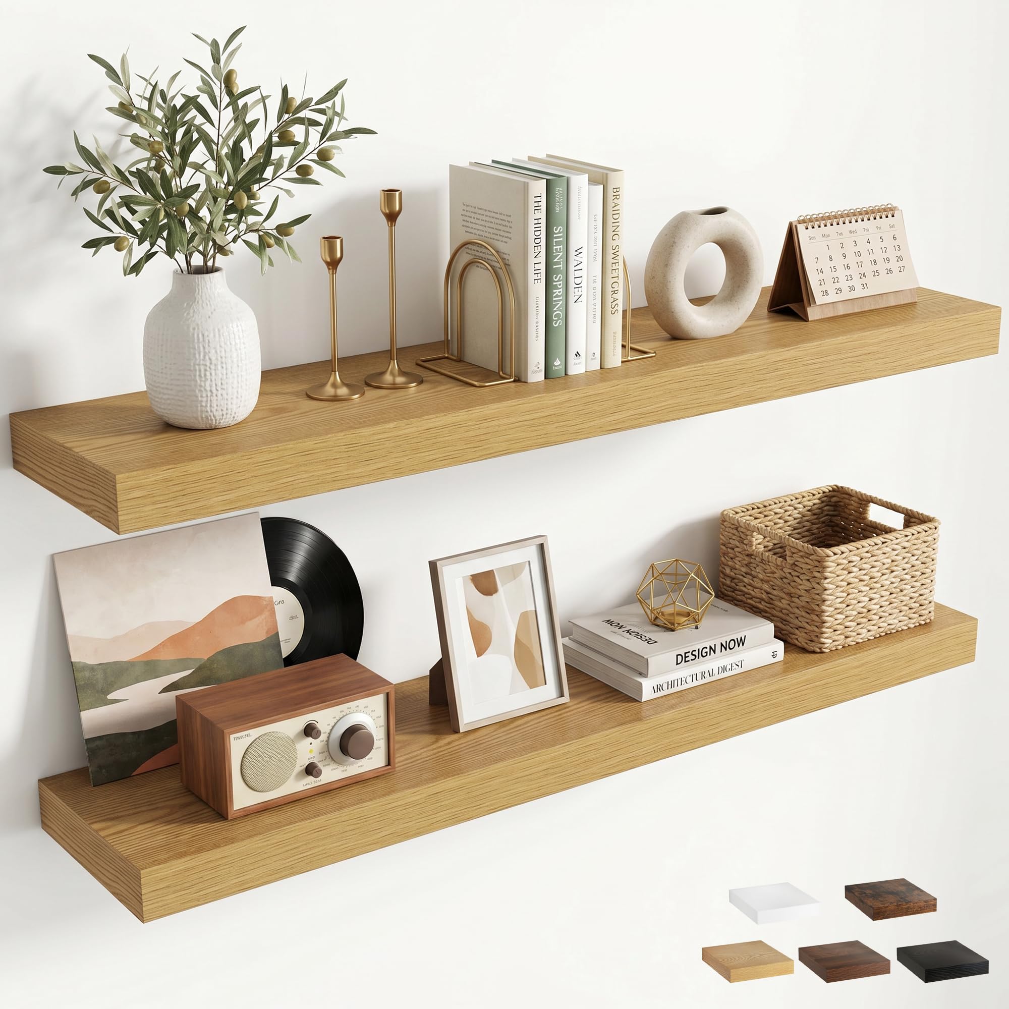 Floating Shelves Pack of 2, 100cm Wall Shelves, Oak Shelf with Robust Iron Assembly, Extra-Deep 19.5cm Floating Shelf, Wooden Shelves for Kitchen, Bedroom, Living Room, Bathroom Organizer, Wall Décor