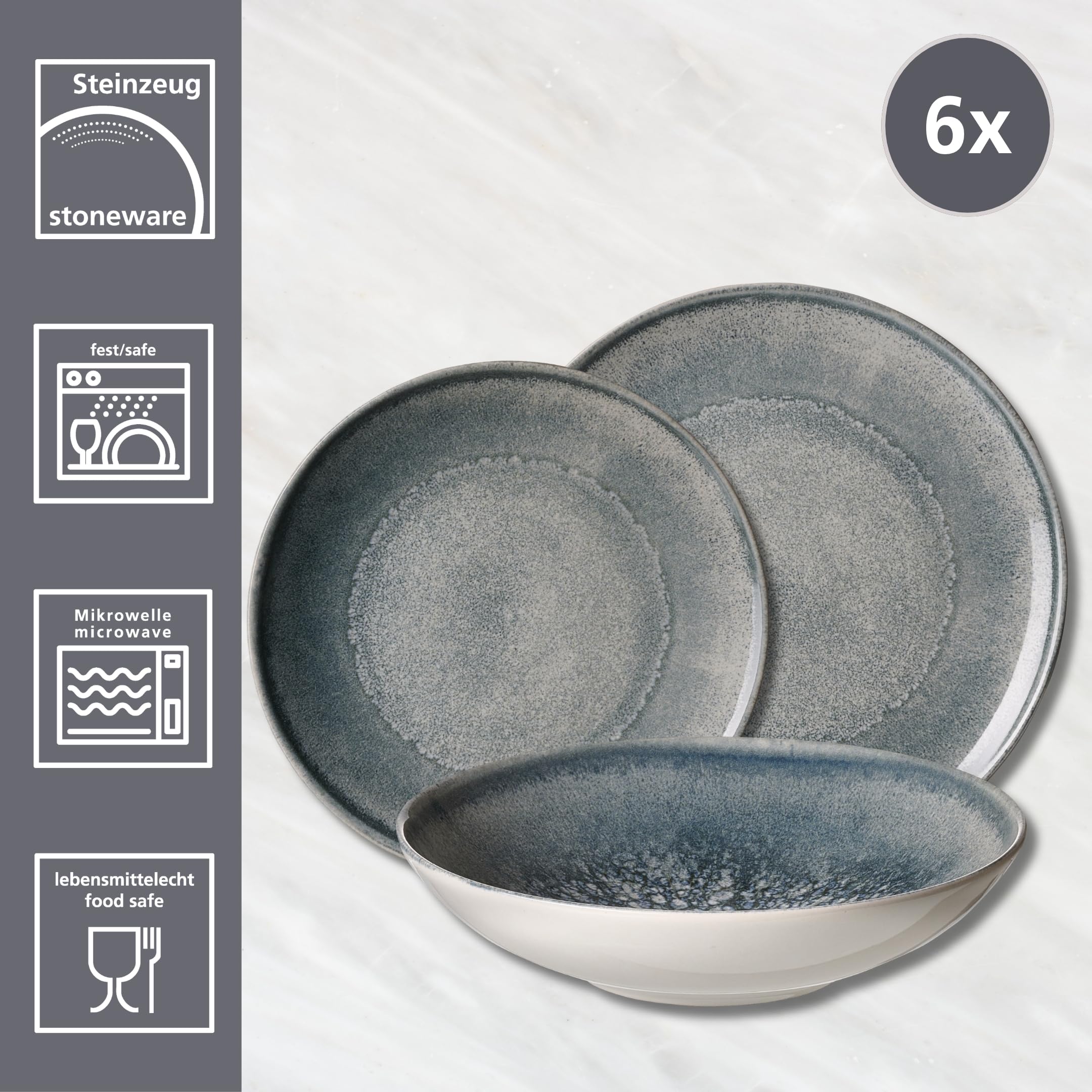 Ritzenhoff & Breker Teller-Set Grana 18-teilig, Geschirrset mit Digitaldruck für 6 Personen, Steinzeug, Spülmaschinen- und MikrowellenfestIndustrial Style, Grau