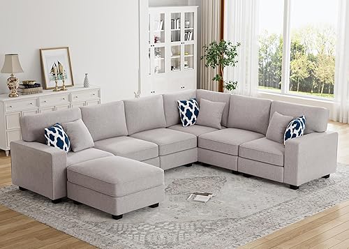Legend Vansen Sofá modular modular en forma de U con otomana, moderno sofá modular de esquina reversible para sala de estar (gris claro, sofá en