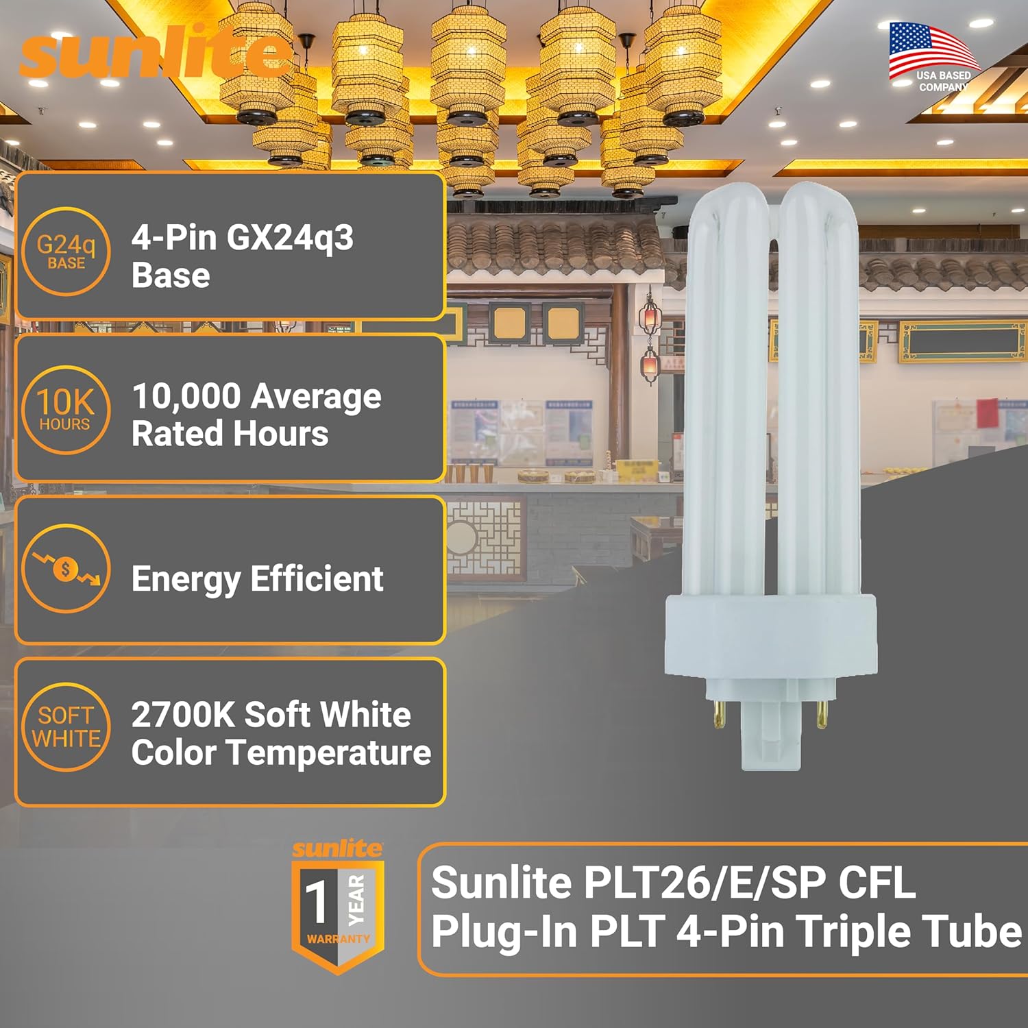 Sunlite PLT26/E/SP Compact Fluorescent Plug-in PLT 4-Pin Triple Tube, 26 Watts, 4-Pin GX24q3 Base, 1800 Lumens, 2700K Soft White, 10 Pack