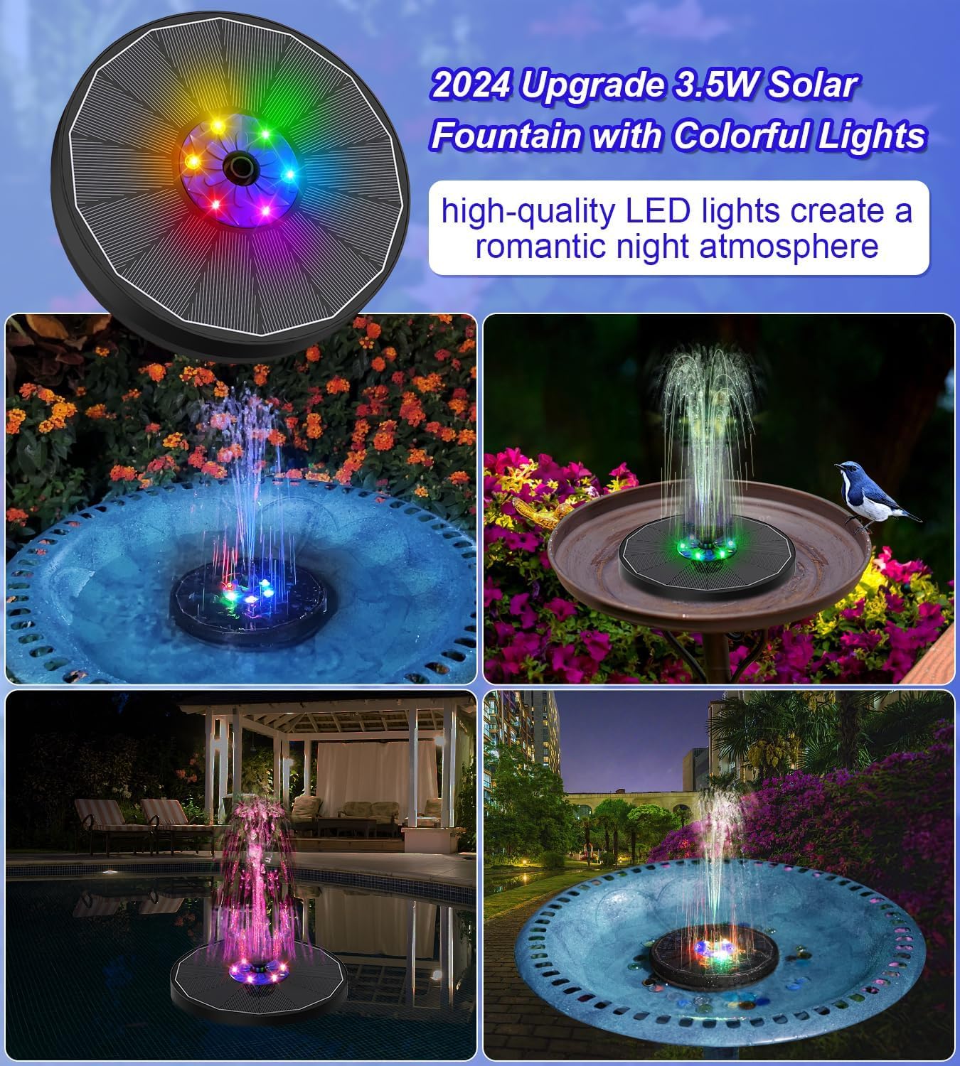 SZMP Fontaine Solaire LED Colorées, 3.5W Extérieur Flottante Pompe Bassin Solaire, 2200mAh Batterie, 2025 Fontaine Solaire Verre avec 7 Buses & 4 Tiges Fixes pour Bain d'oiseaux Aquarium Jardin