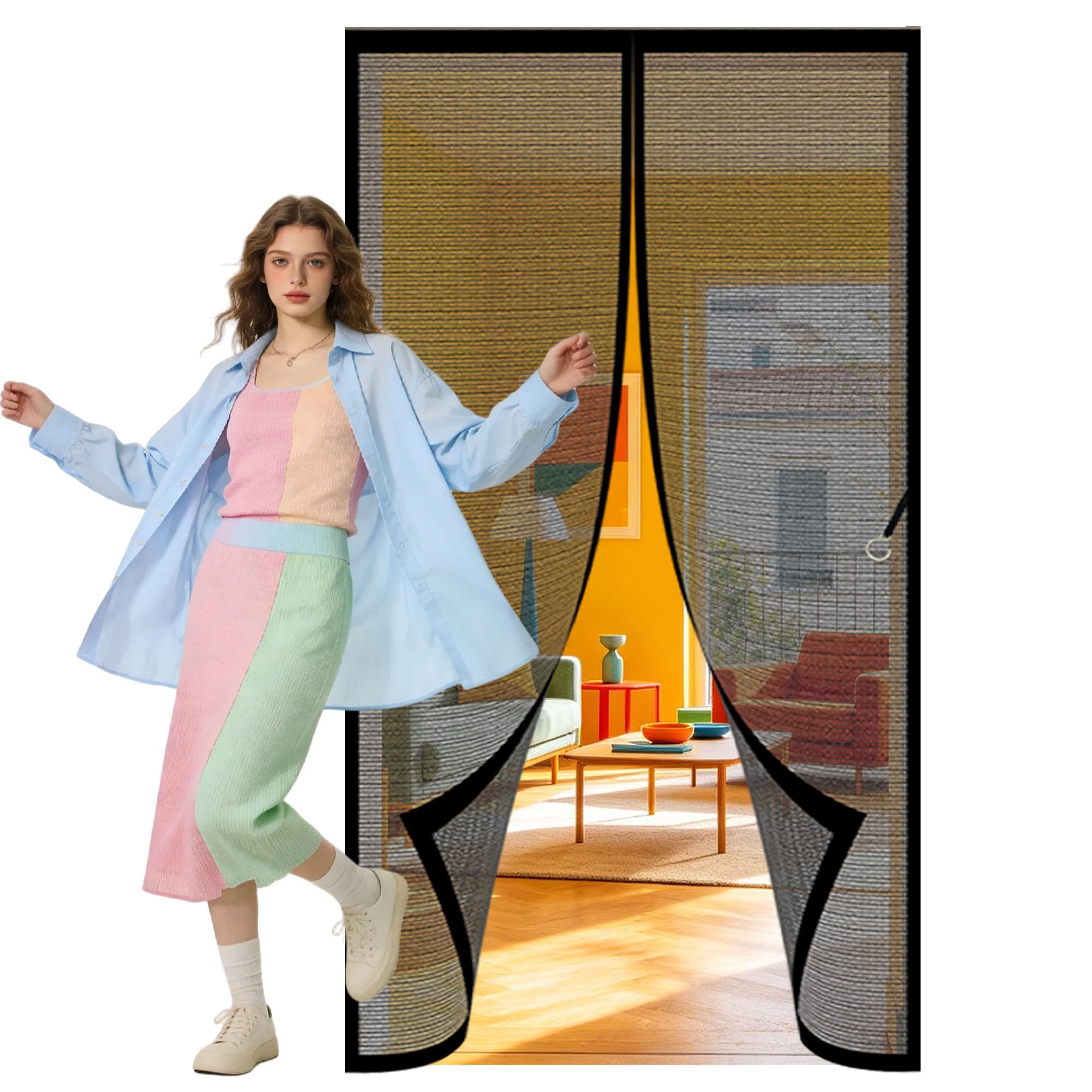 Magnetic Door Curtains Fly Screen 79 x 256 cm Powerful Magnets Bug Mosquito Insects Screen Keeps Bugs Out Suitable for Patio Room Balcony Bedroom, Black