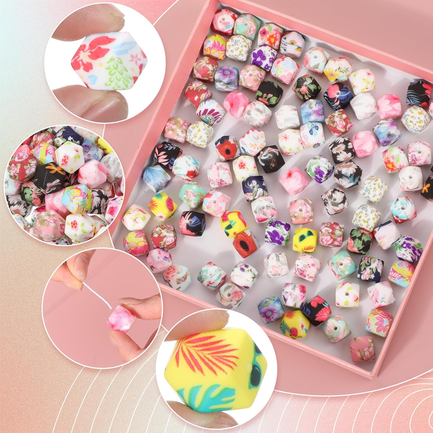 120 Pcs 14mm Silicone Beads Bulk Hexagon Flower Silicone Beads Floral Print Rubber DIY Bracelet Making Kit for Keychain Making Pens Necklace Jewelry - Image 6