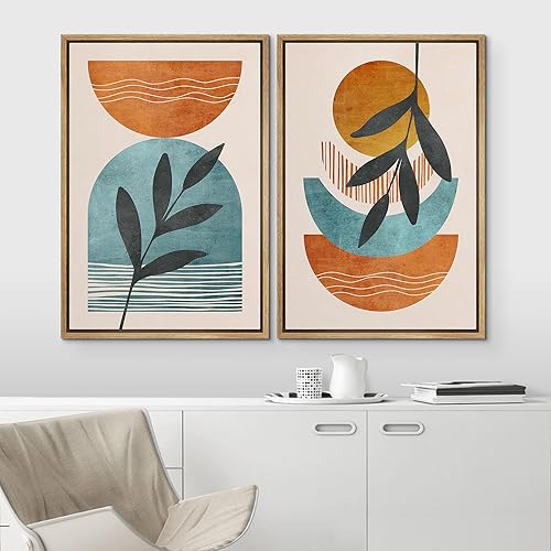 Miniatura 3 de IDEA4WALL Lienzo enmarcado para pared, juego de arte de polígono naranja, azul, pastel, plantas forestales, ilustraciones con formas abstractas,
