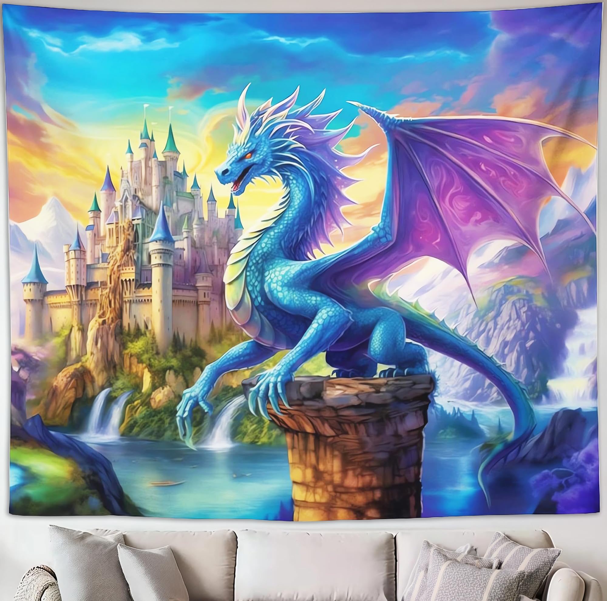 ANMOGID Tapiz para colgar en la pared, decoración estética para dormitorio, sala de estar, arte de pared, tapices de dragón, castillo, morado y azul, 50 x 60 pulgadas