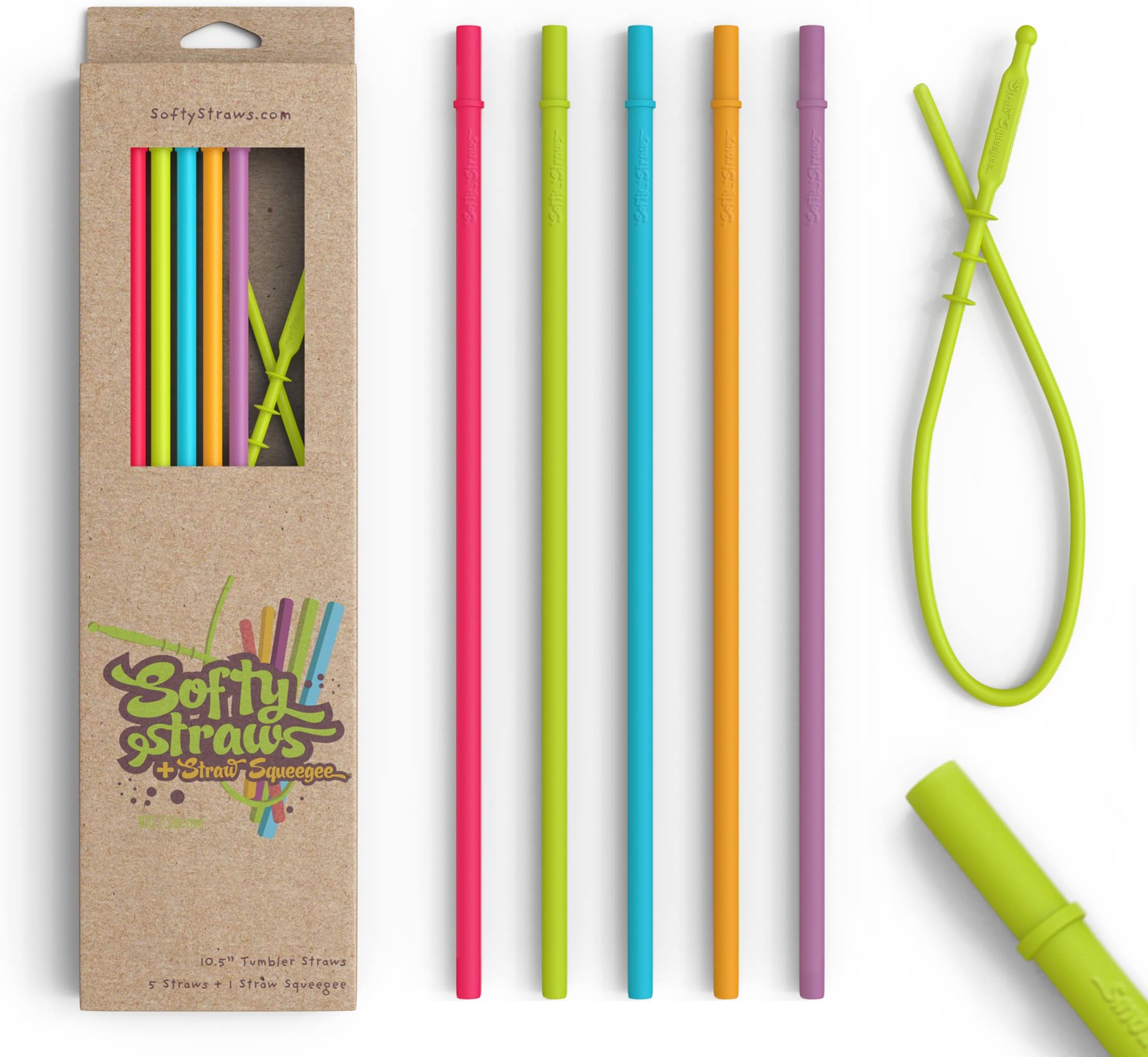 10.5” Reusable Silicone Straws + Cleaner - Long Length Replacement Straws for Tumblers Acrylic,Yeti, rTic, Starbucks, Ozark - BPA Free Slim Drinking Straws - Chewy, Bendy, Flexible Safe for Kids