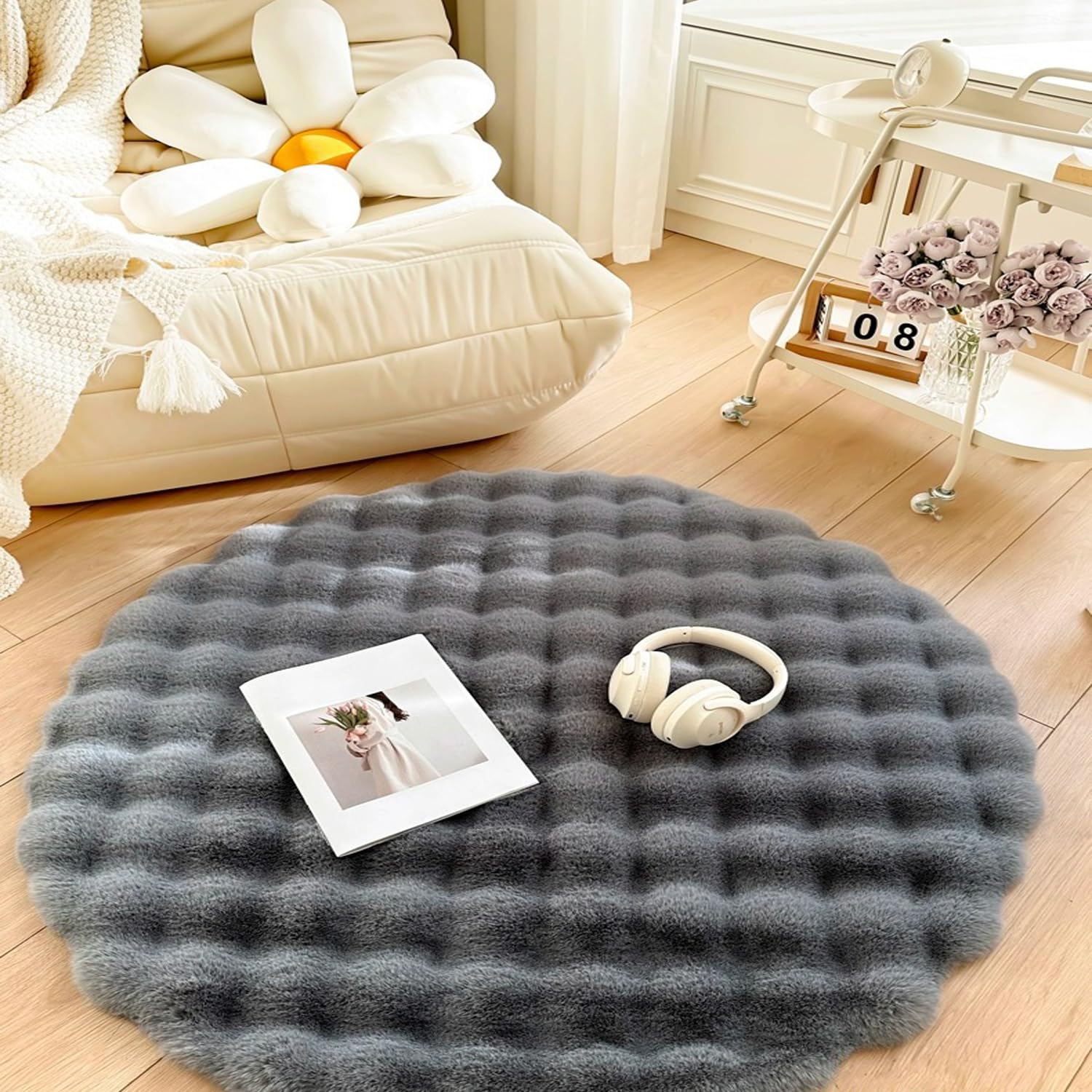 Runder Teppich, rutschfest, maschinenwaschbar, 70 cm, grau, für Wohnzimmer und Schlafzimmer, perfekt für Flur und Heimdekoration