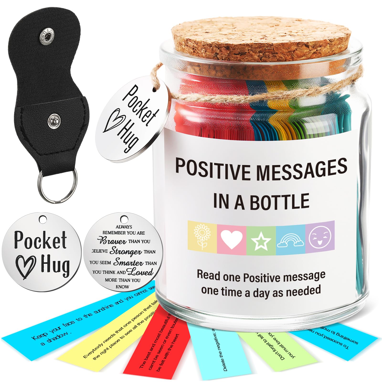 Tioncy 90 Positive Messages in a Jar, Positive Affirmation Gifts for Women, Daily Inspirational Messages in a Jar with Pocket Hug Coin for Self Care, Mental Health