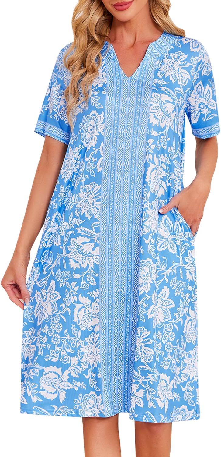 Moo Moos Nightgown for Women with Pockets Casual Floral Print House Dress Short Sleeve Mumu Lounge Dresses S-3XL