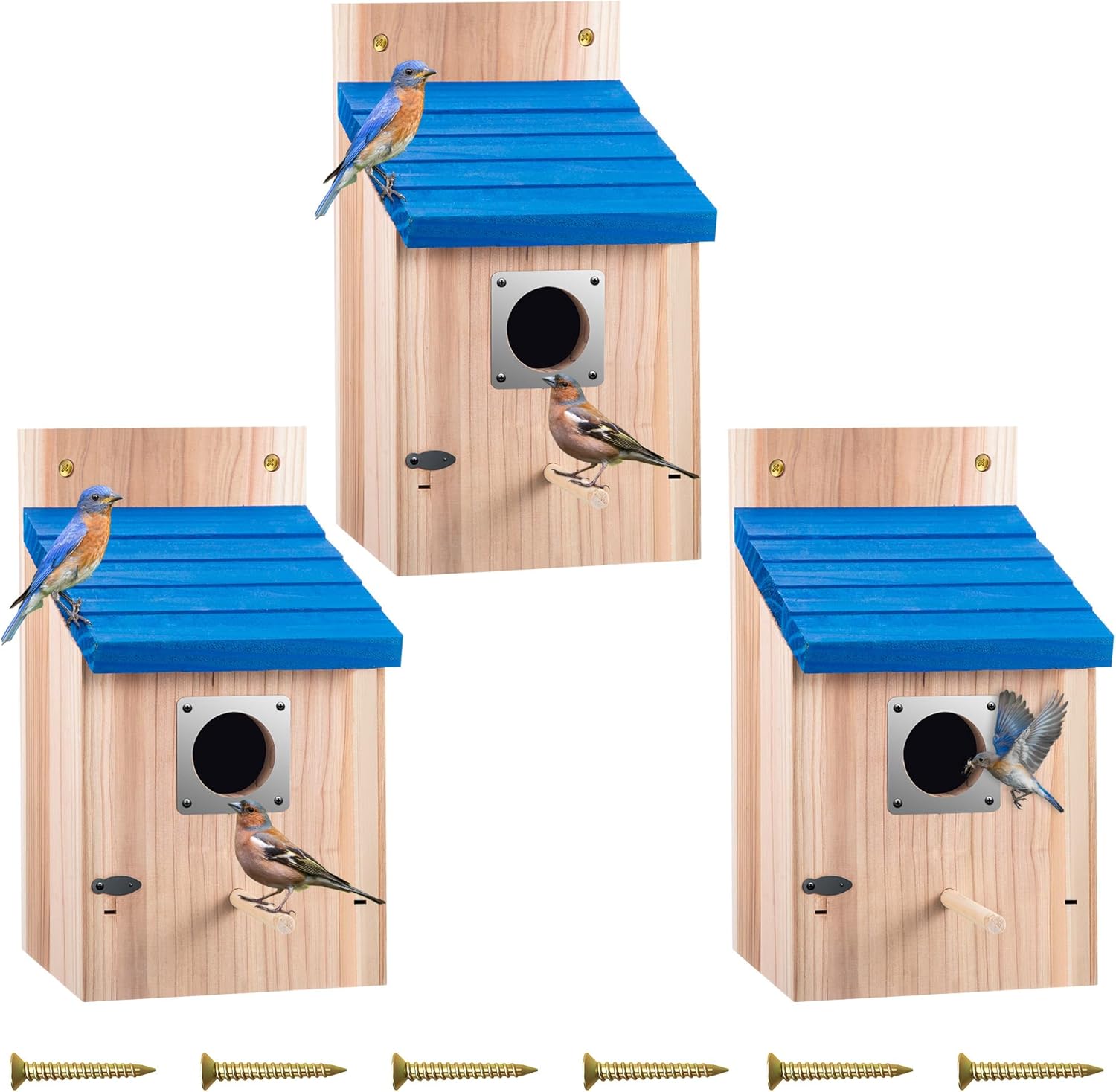 Dreyoo 3 Pack Cedar Bluebird Box Houses for Outside, 1-1/2'' Entrance Hole Wooden Bird Houses with Metal Guard, Secure Latch, Fledgling Grooves, Air Vents for Bluebird Wren Swallow