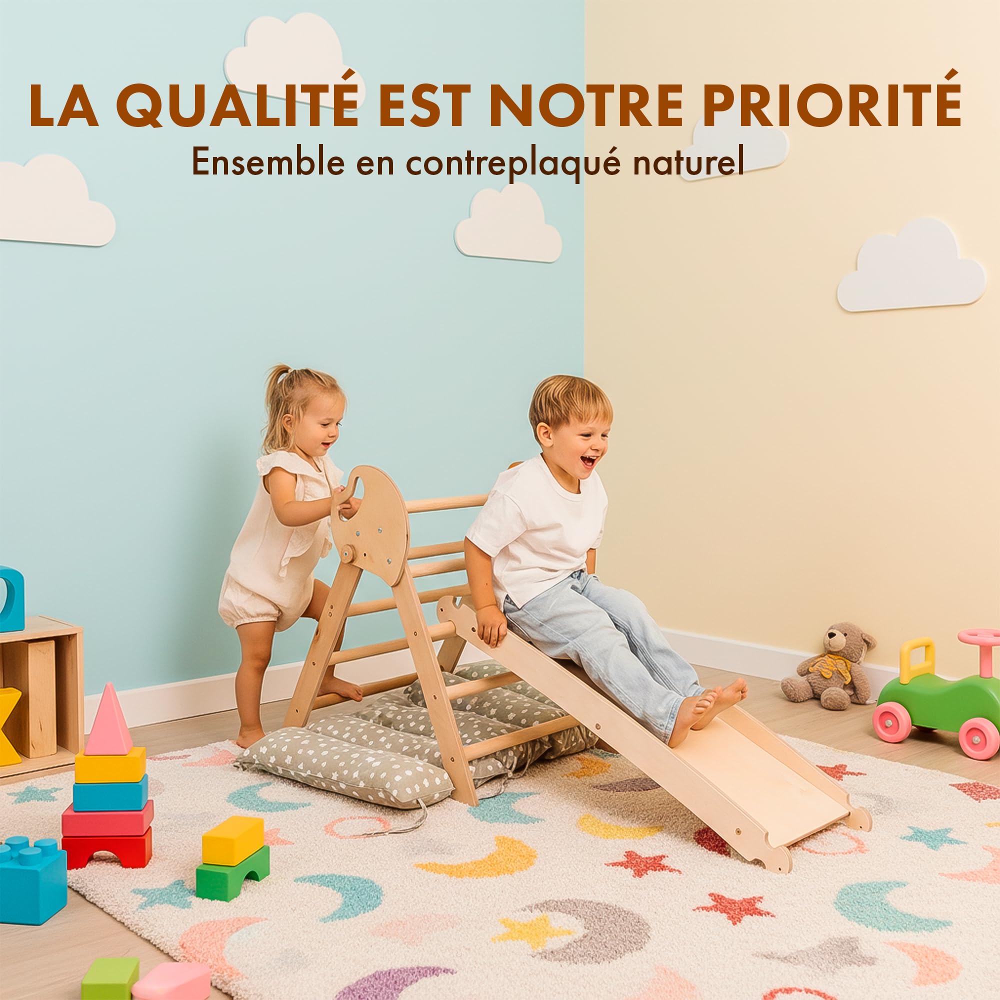 Goodevas Cadre d'escalade 5 en 1 pour enfants – Échelle triangulaire, arche d'escalade, planche d'équilibre et coussin, cadre d'escalade Montessori, gym en bois pour enfants de 1 à 3 ans