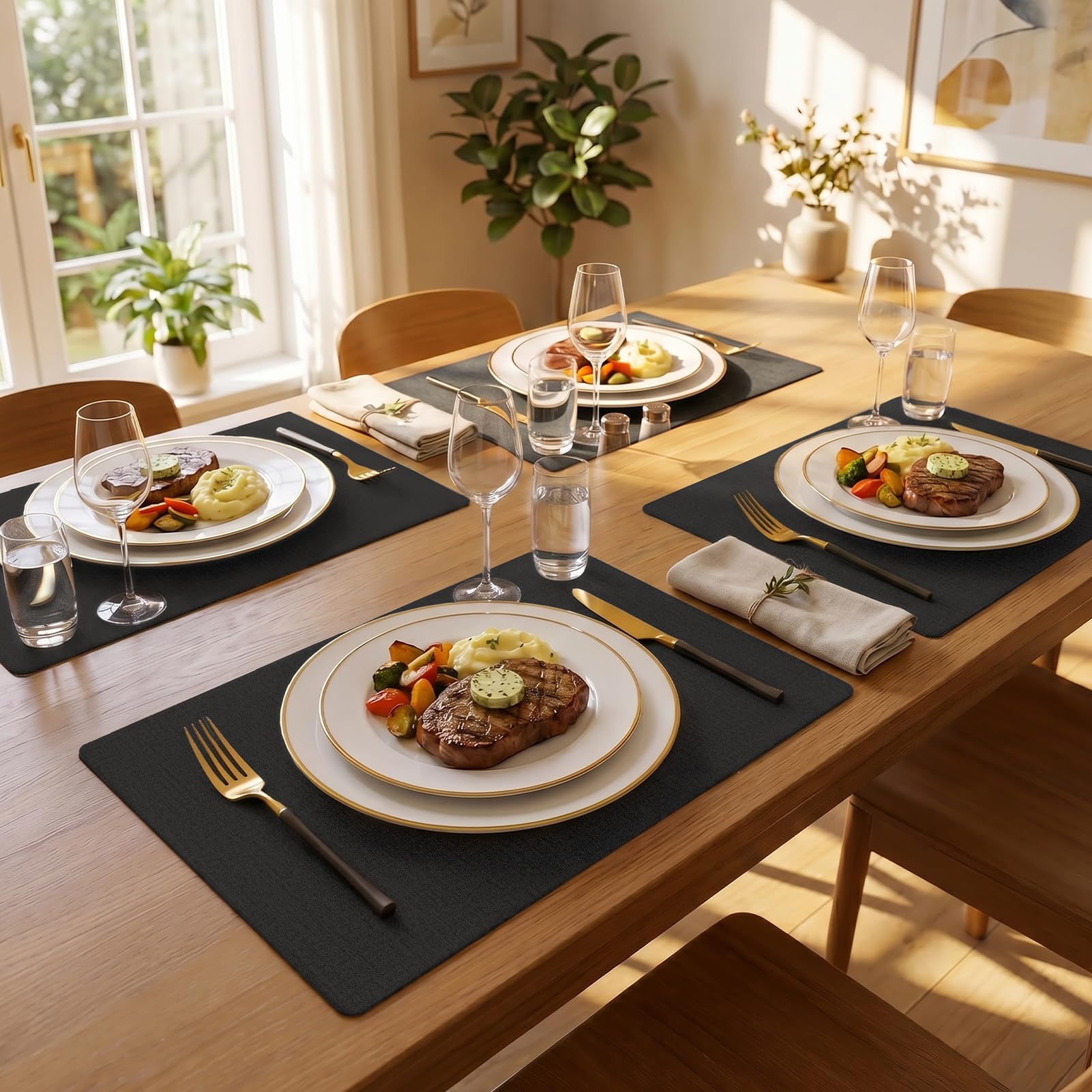 Romanstile Vinyl Placemats Set of 6-12 X 18 inch - Heat Resistant Place Mats 100% Waterproof Oilproof Wipeable Reversible Faux Leather Table Mats for Kitchen/Dining/Party/Holiday, Black