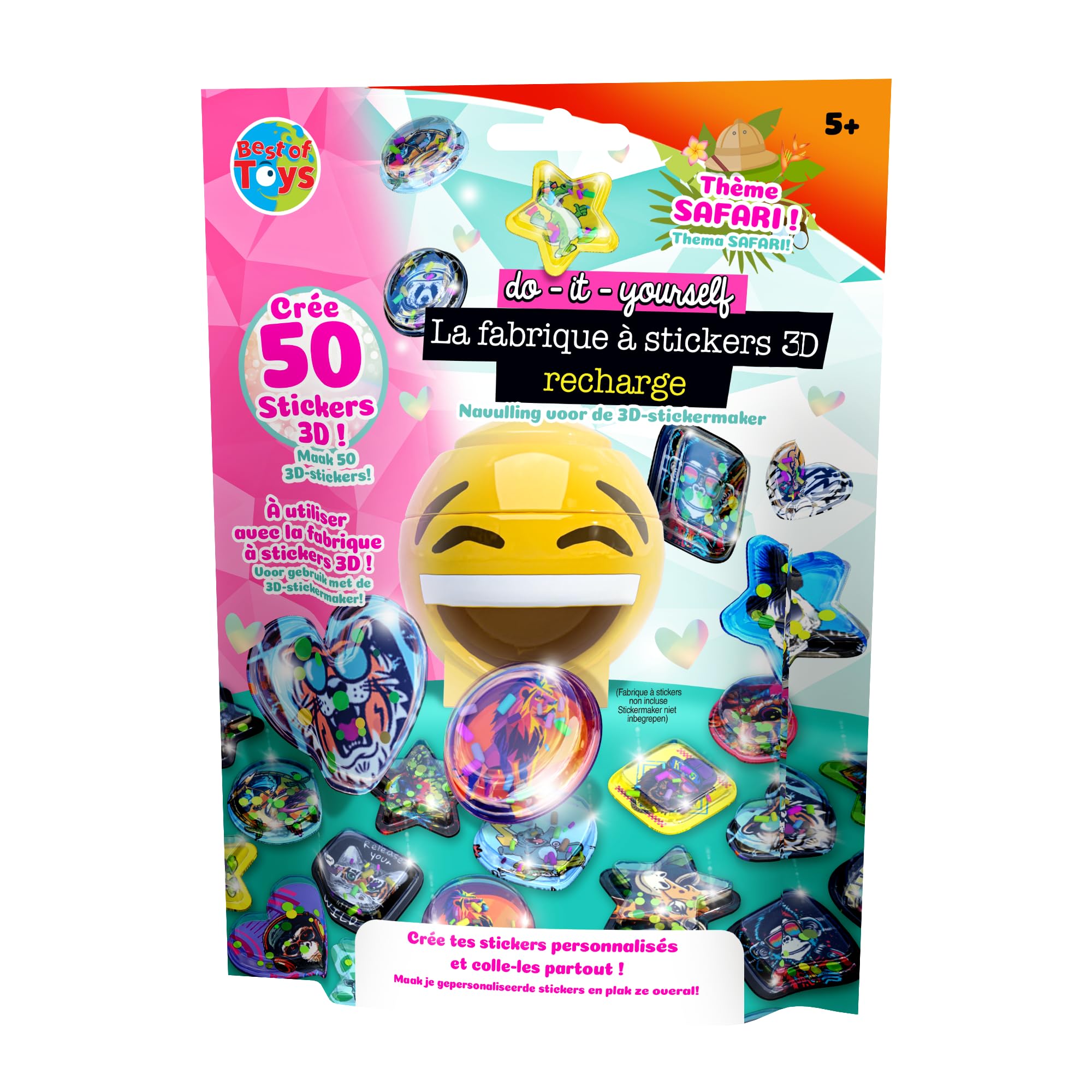 BEST OF TOYS - Set van 50 navullingen voor de 3D-stickerfabriek - Voor het maken van 50 100% gepersonaliseerde 3D-stickers - Creatieve hobby - Vanaf 5 jaar - Willekeurig thema Safari of Oceaan