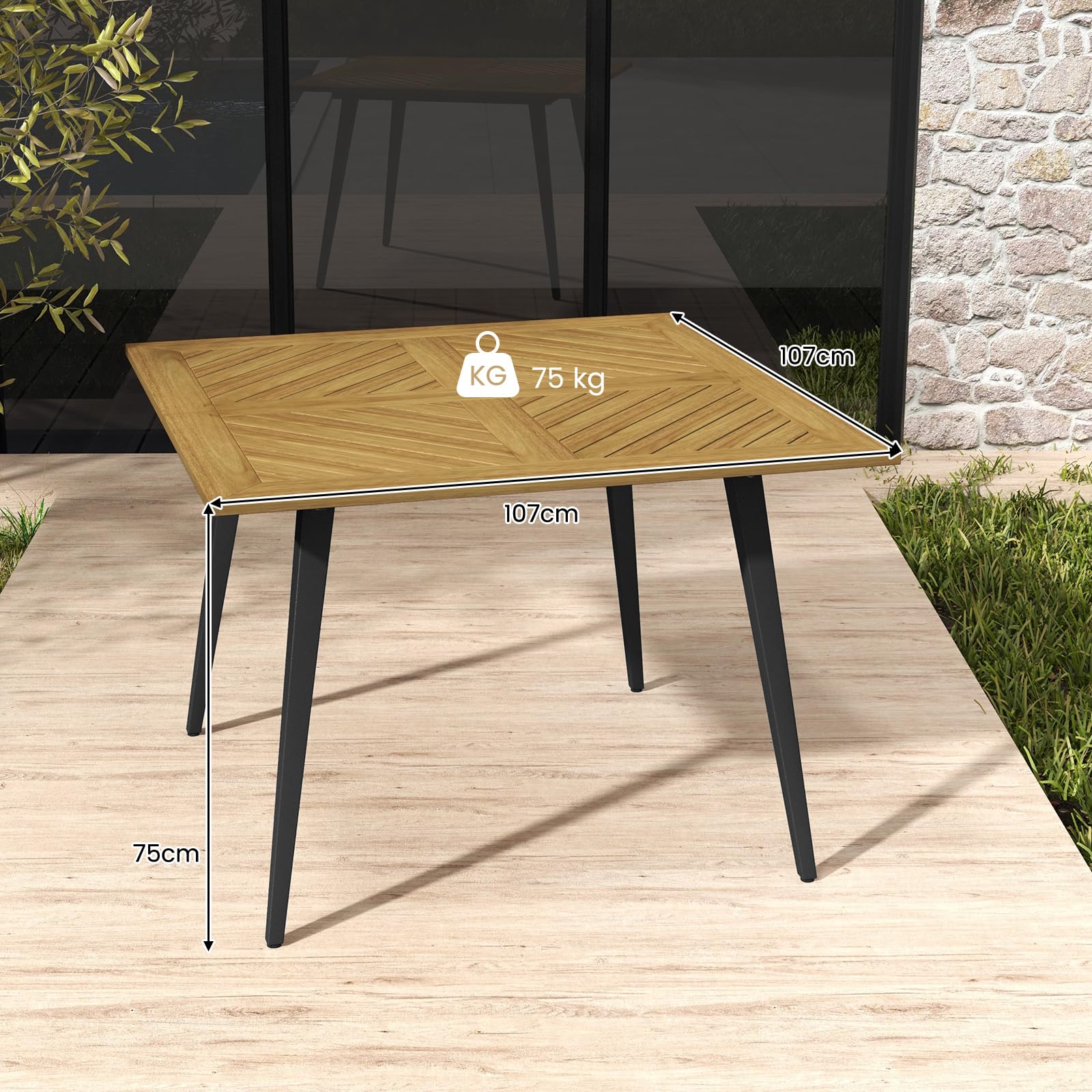 KOMFOTTEU Tavolo da giardino con foro da 5 cm, tavolo da pranzo in legno di acacia, tavolo in legno per 4/6/8 persone, tavolo da terrazza per giardino, cortile, veranda (modello 4)