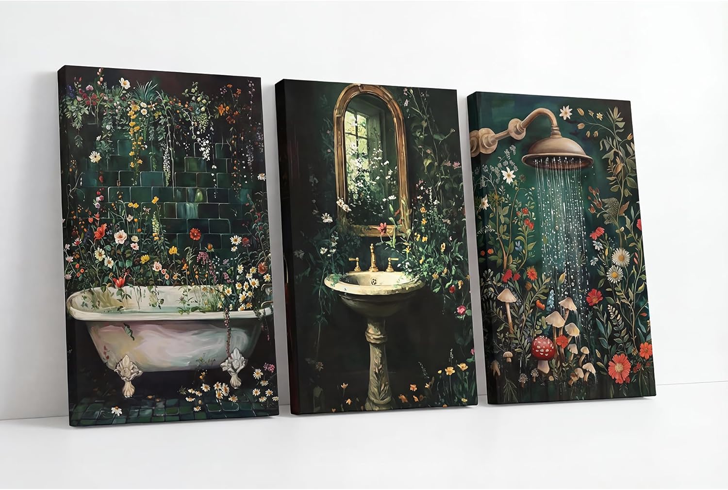 3Pcs Green Botanical Bathroom Canvas Wall Art 12x16in, Washbasin Shower Bathtub Floral Poster Prints, Dark Green Wildflowers Rustic Bathroom Wall Decor for Laundry Room Farmhouse Home Decoration
