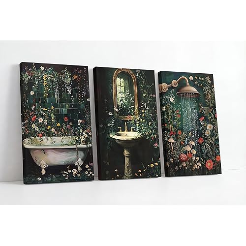 3Pcs Green Botanical Bathroom Canvas Wall Art 12x16in, Washbasin Shower Bathtub Floral Poster Prints, Dark Green Wildflowers Rustic Bathroom Wall Decor for Laundry Room Farmhouse Home Decoration