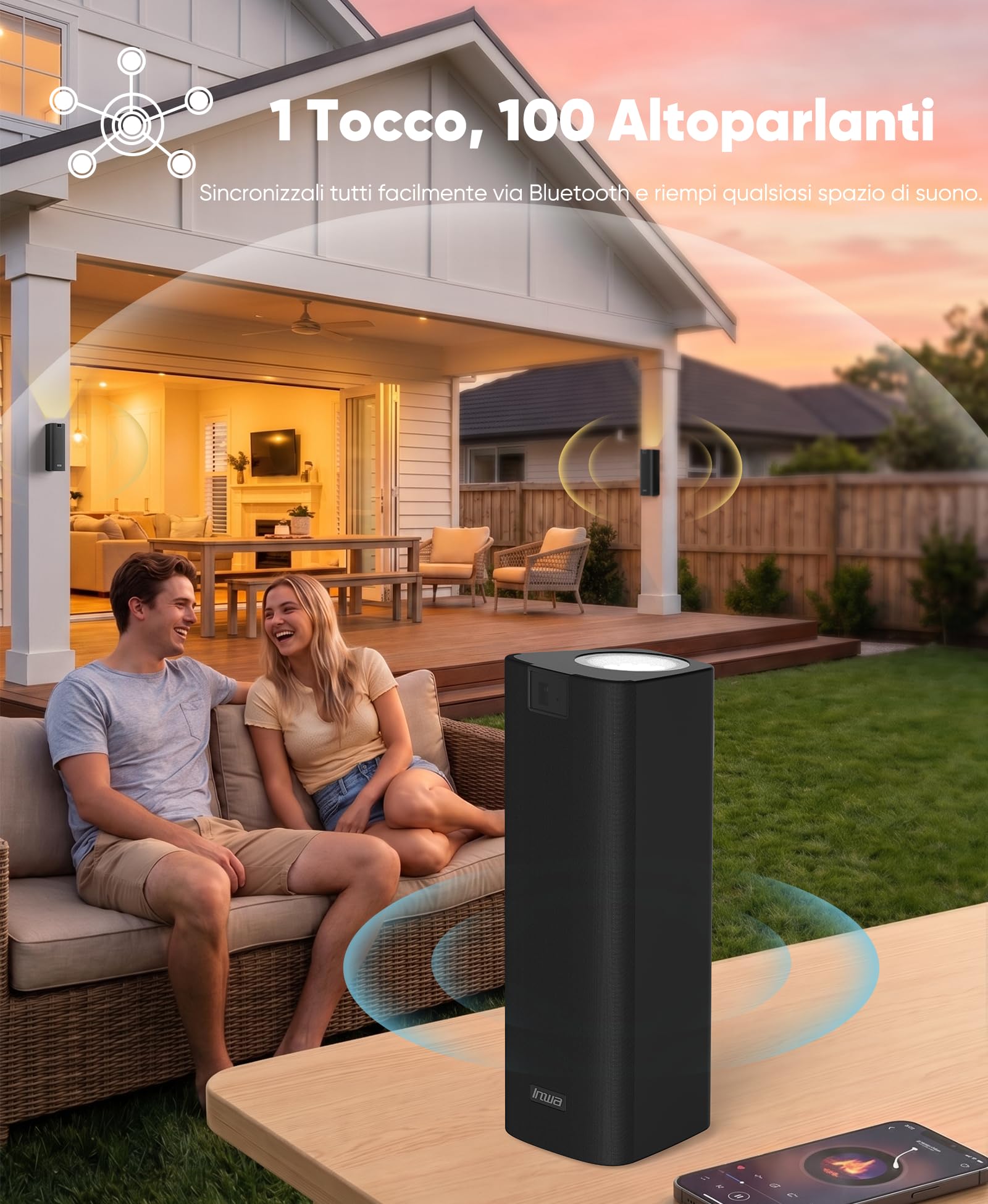Inwa 400W Altoparlante Bluetooth Esterno, 10h Batteria, Auracast, LED, IP65