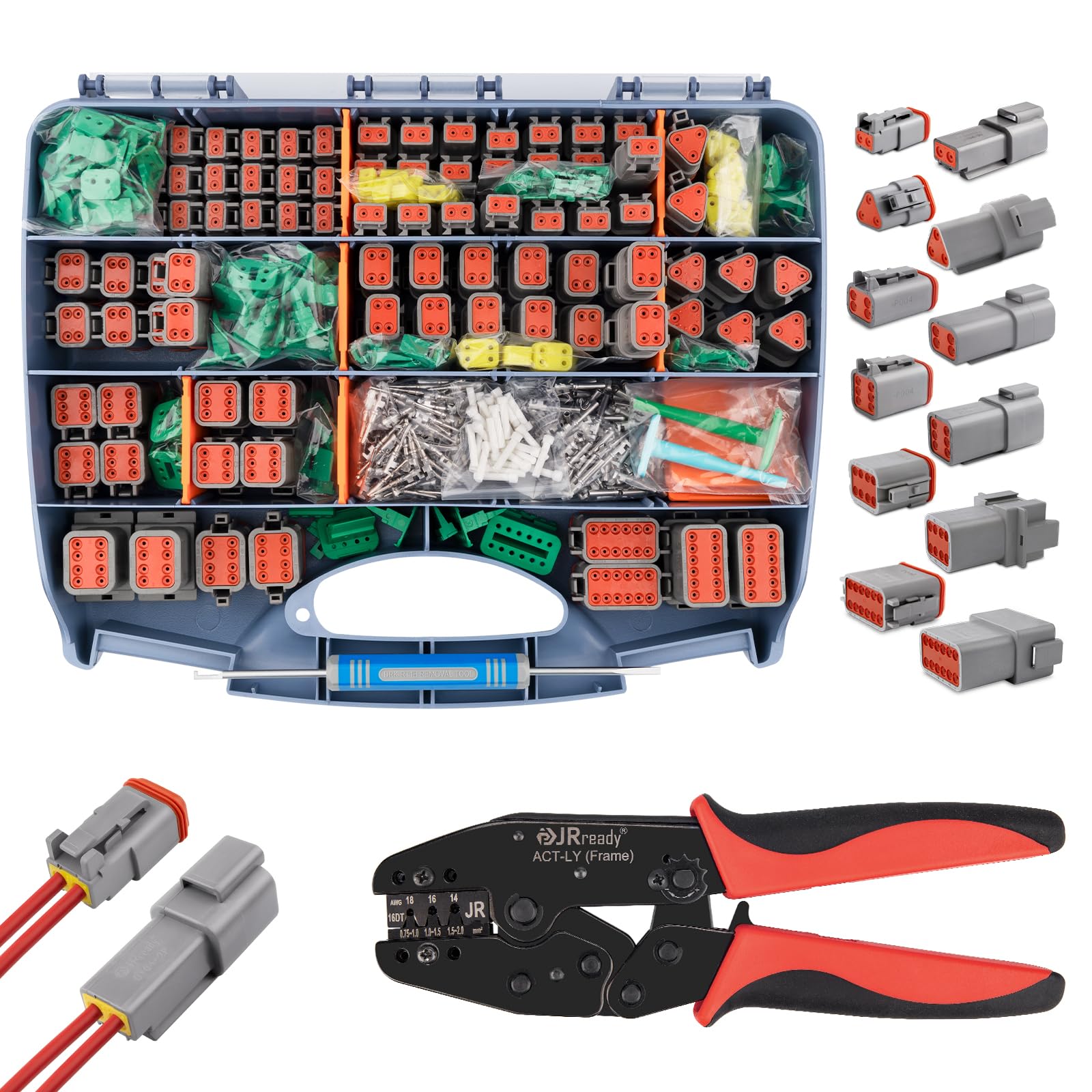 JRready Deutsch Conector Kit 635 PCS Incluyendo Crimping Herramienta DT Conector 2 3 4 6 8 12 Polos IP68 Impermeable Tamaño 16 Deutsch Terminal 14-18 AWG Remoción Herramienta Reparación Automotriz
