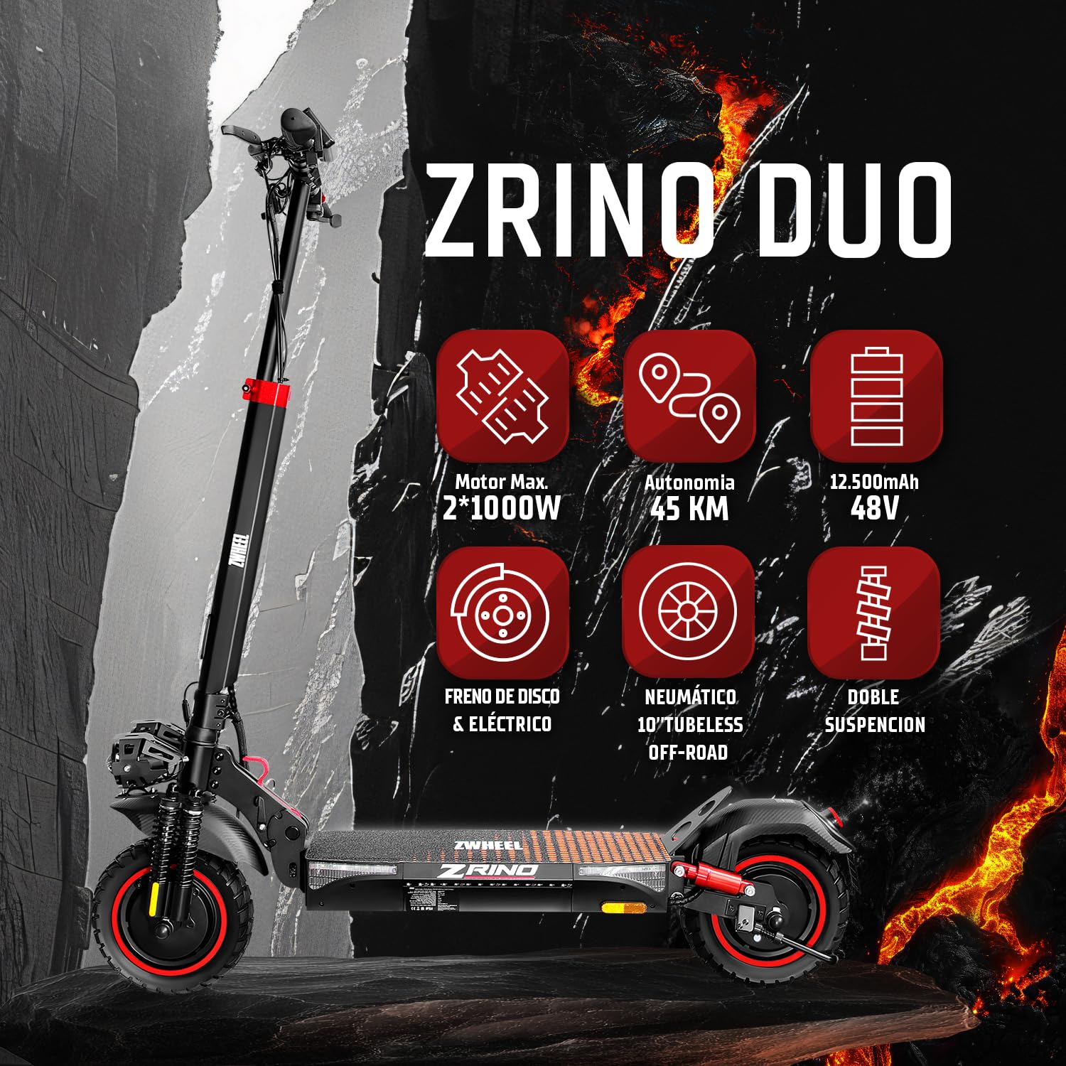 ZWHEEL ZRINO Patinete Eléctrico Adultos Homologado DGT - 600W-1200W MAX, 35-70km Autonomía, Doble/Cuádruple Suspensión Hidráulica, IP54, Ruedas 10" Tubeless/Offroad - App