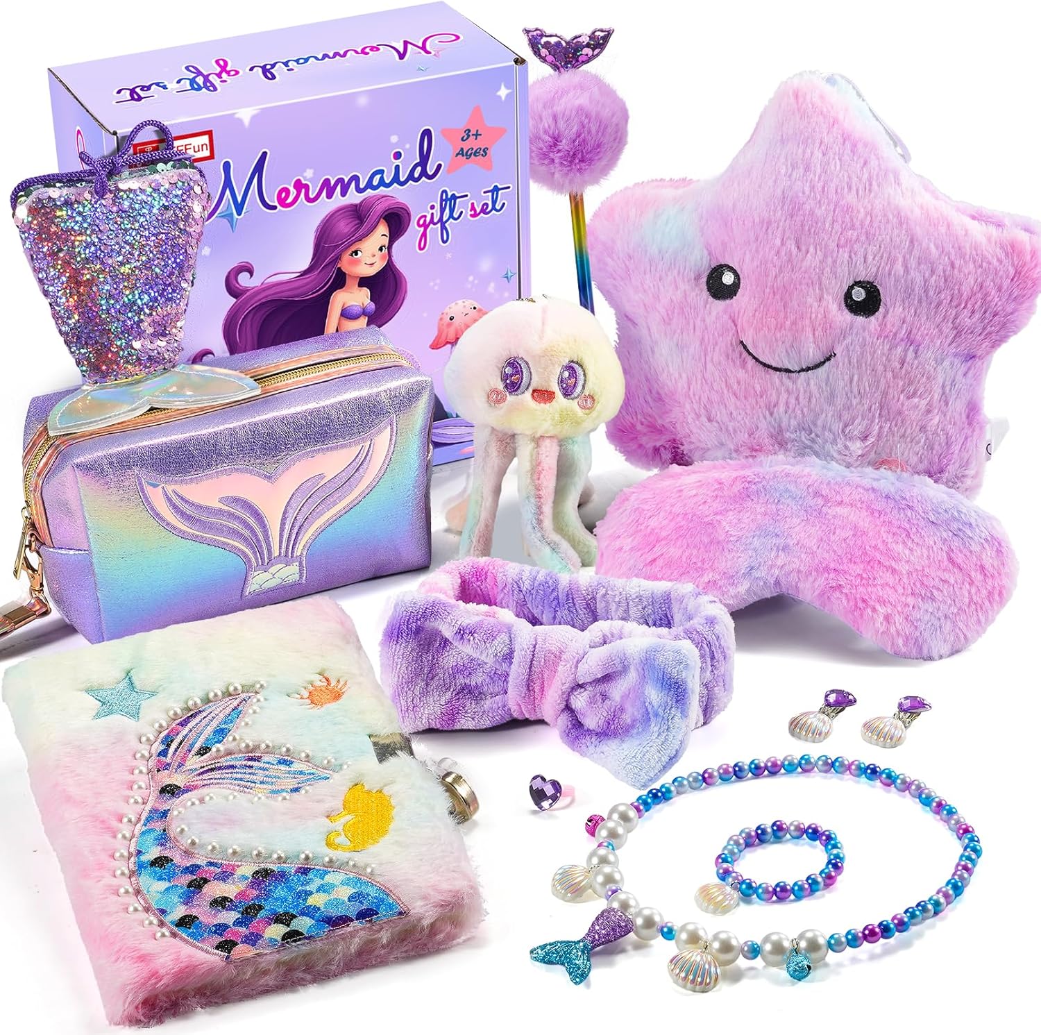 Mermaid Gift Set for Girls 4 5 6 7 8 9 10 Years Old, Mermaid Toys for Little Girls Age 4-6 6-8 8-10 Birthday Valentines Gifts with Light Up Star Pillow, Jewelry, Diary, Accessories, Princess Toys
