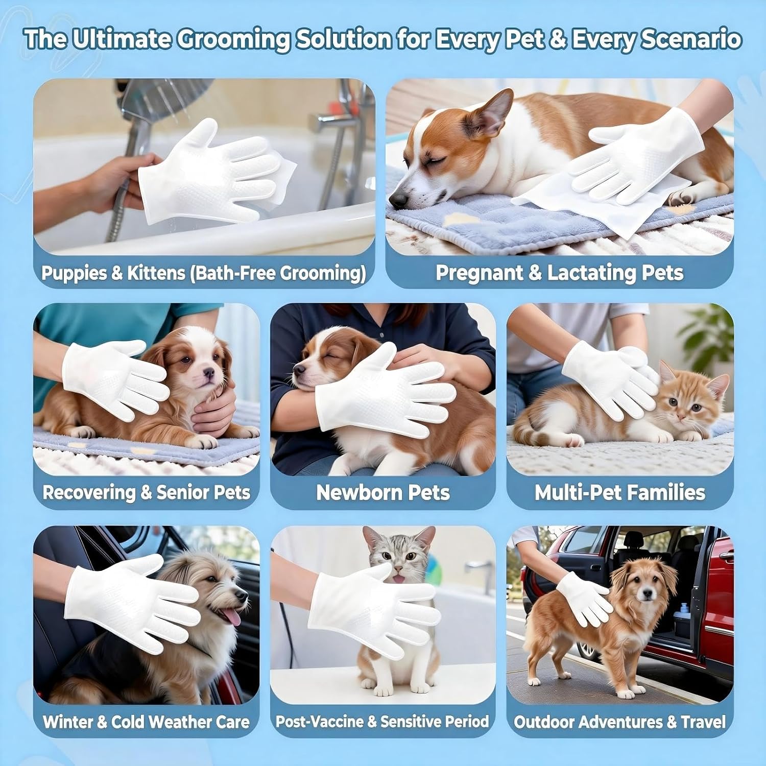 Pet Glove Wipes for Sphynx, Devon Rex, Cats & Dogs, 6 Count | No-rinse unscented deodorizing aloe mitts. Hypoallergenic thick wipes for full-body care, all pets daily & travel grooming