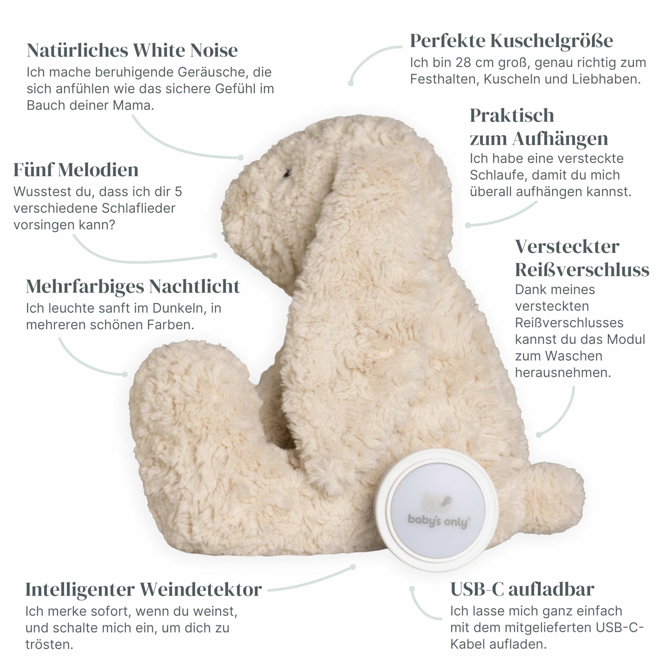 Baby's Only - Bibi das Kuschelkaninchen - Einschlafhilfe - Spieluhr Baby - White noise - Kuscheltier - Weinsensor - Baby erstausstattung - Geschenk zur geburt - Warm Linen