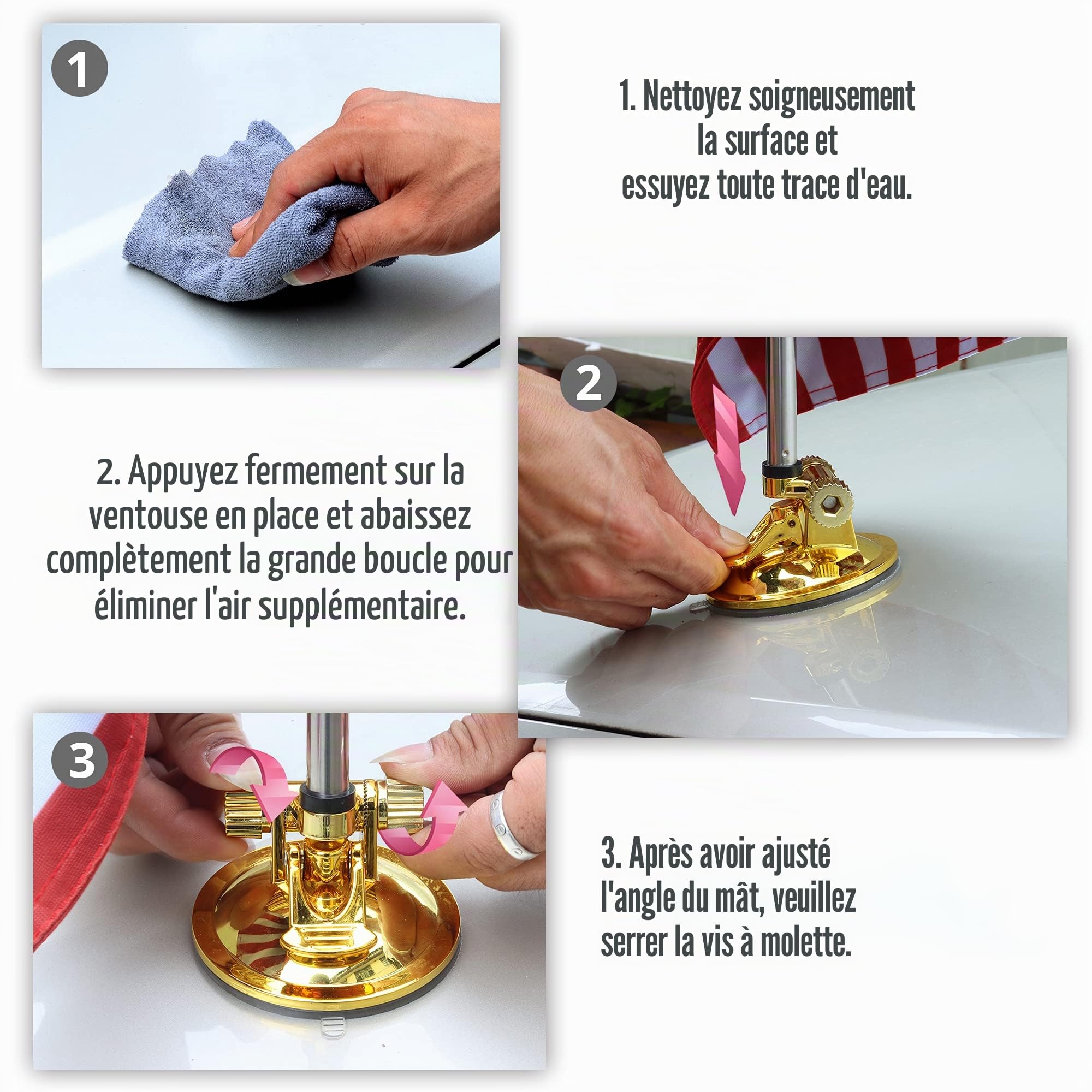 Anley USA Drapeau de voiture et mât de drapeau avec support à ventouse – Mât de drapeau extérieur de style ventouse pour voiture, camion, bateau et véhicule avec drapeau américain (lot de 2)
