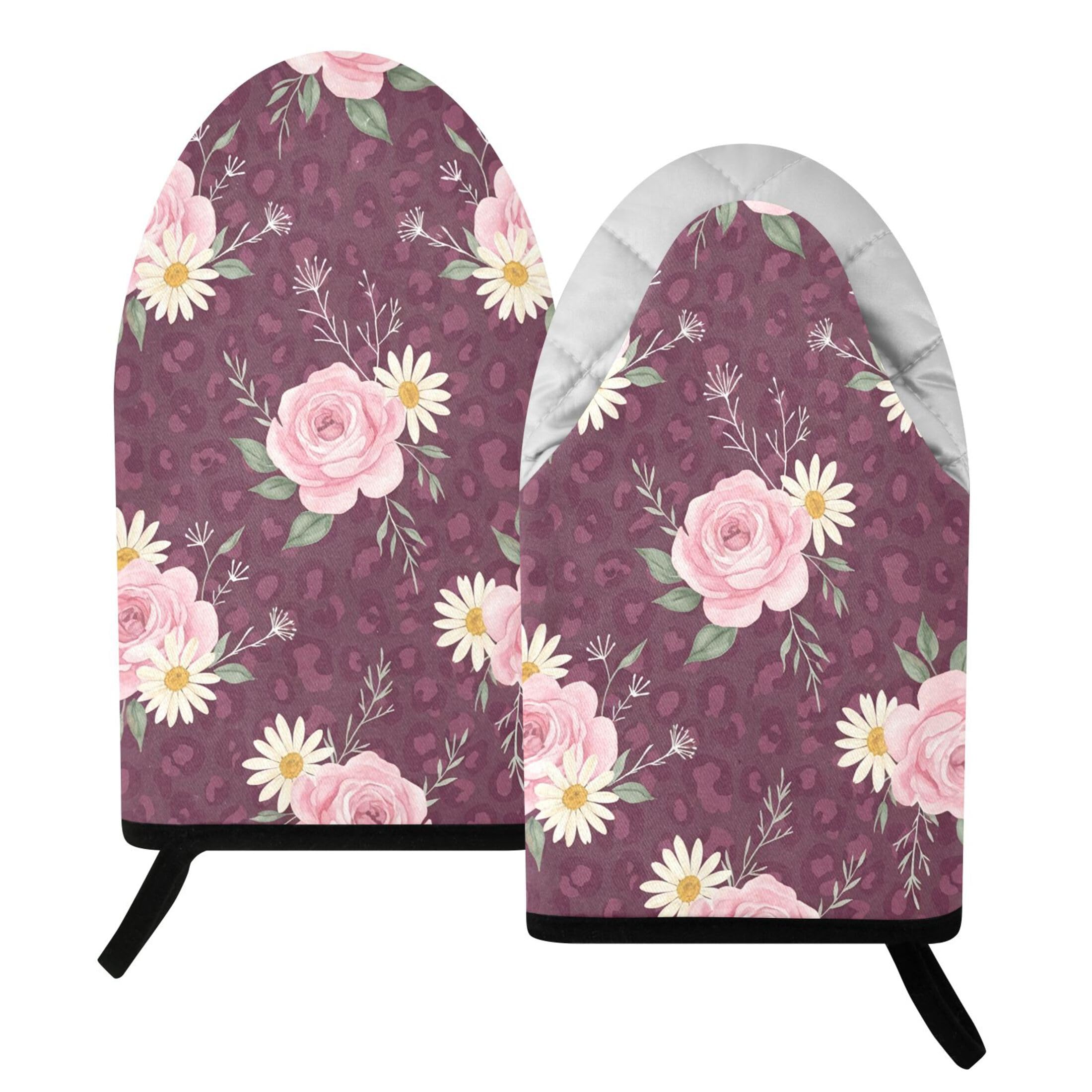 Kutsu Roses Oven Mitts for Kitchen, Heat Resistant Cotton Oven Gloves for BBQ Baking Cooking, Breathable Kitchen Essentials, 2 pcs