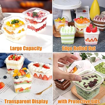 150 Pack Plastic Dessert Cups with Lids, 400ml Cheesecake Pots | Plastic Dessert Bowls, Clear Parfait Cup, Tiramisu Container, 10x10x7.5cm, for Desserts Pudding Mousse Party