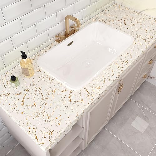Miniatura 4 de VEELIKE Papel de contacto para encimera, color beige dorado, impermeable, papel de contacto de mármol blanco, para encimeras de cocina, 15.7 x 118