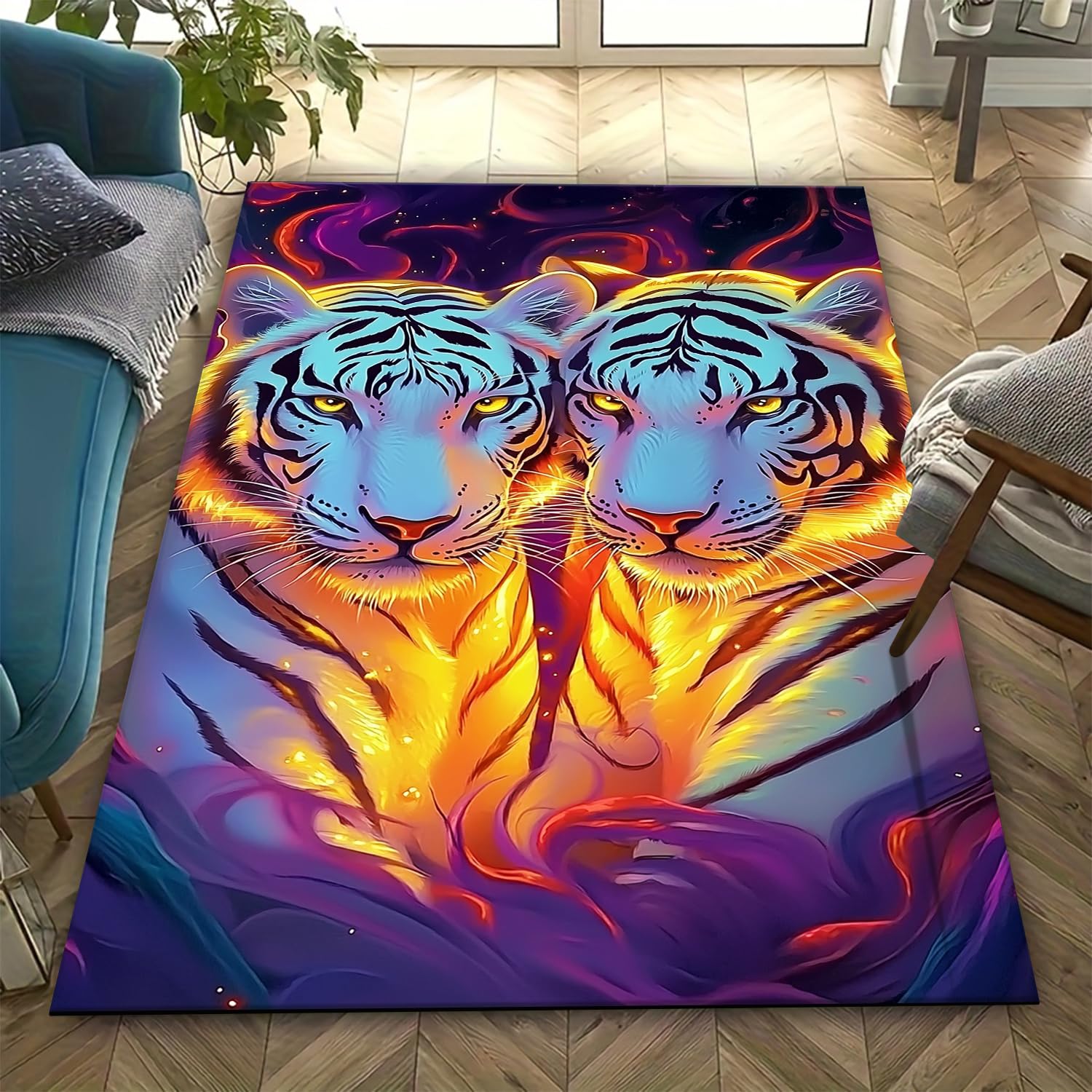 Tapis de salon tigre anti-glisse et facile à nettoyer 120x160cm