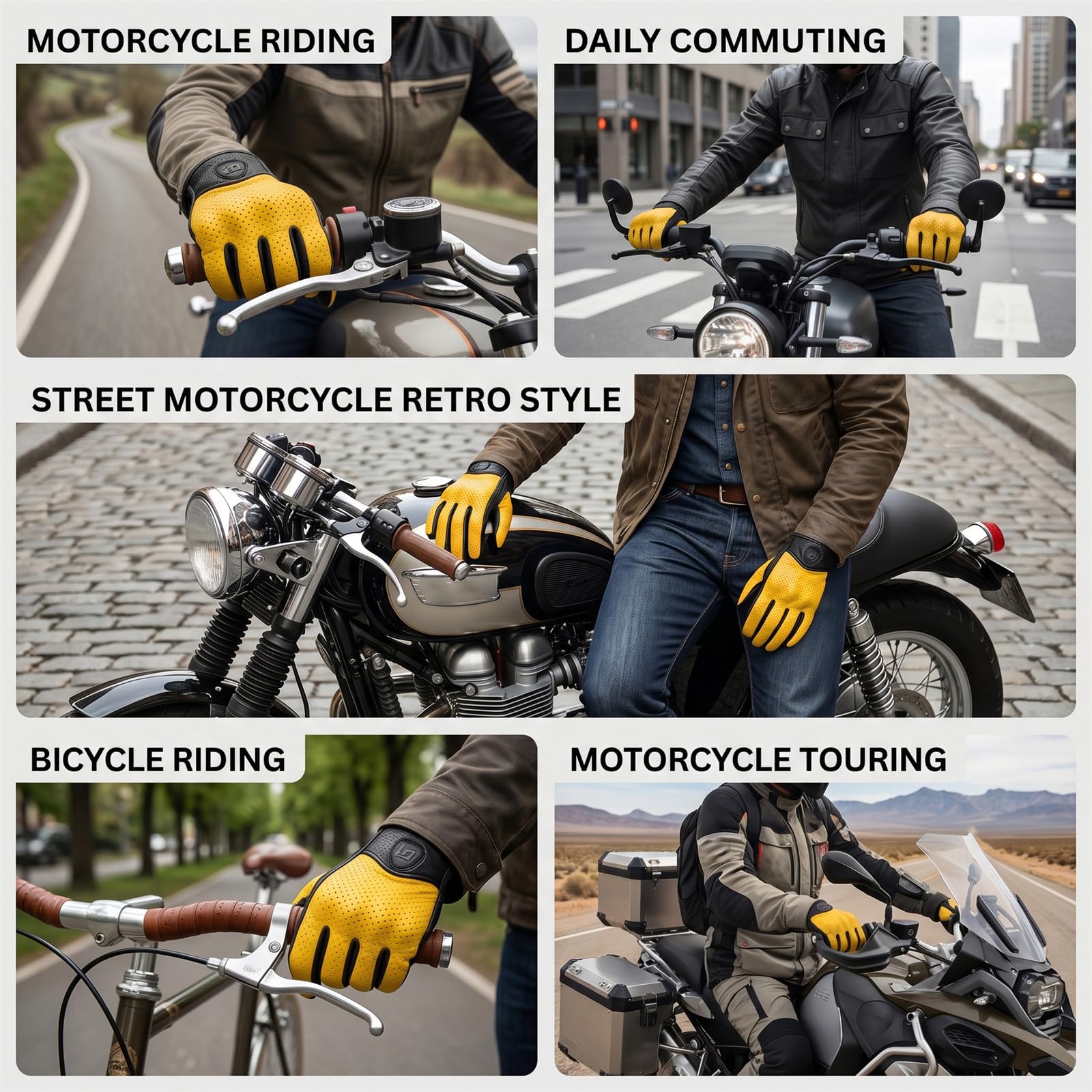 Gants de Moto en Cuir, Gants de Moto pour Hommes et Femmes, Vintage en Peau de Mouton, Protections rigides, Compatible avec écran Tactile, Gants de vélo pour Cyclisme