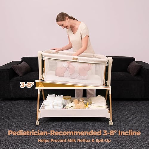 Miniatura 3 de Ezebaby Cuna para bebé con ruedas, cuna para recién nacidos, con todos los lados de malla y 7 alturas ajustables, colchón y sábana incluidos