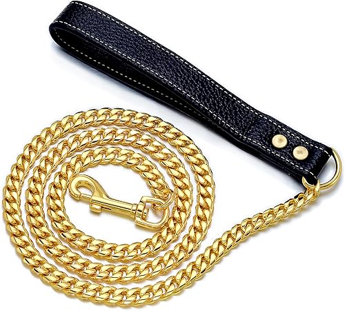 Miniatura 1 de Correa de cadena para perro de 3 pies y 4.3 pies, acero inoxidable de oro de 18 quilates, correa para perro de 0.472 in con cómodo mango de cuero