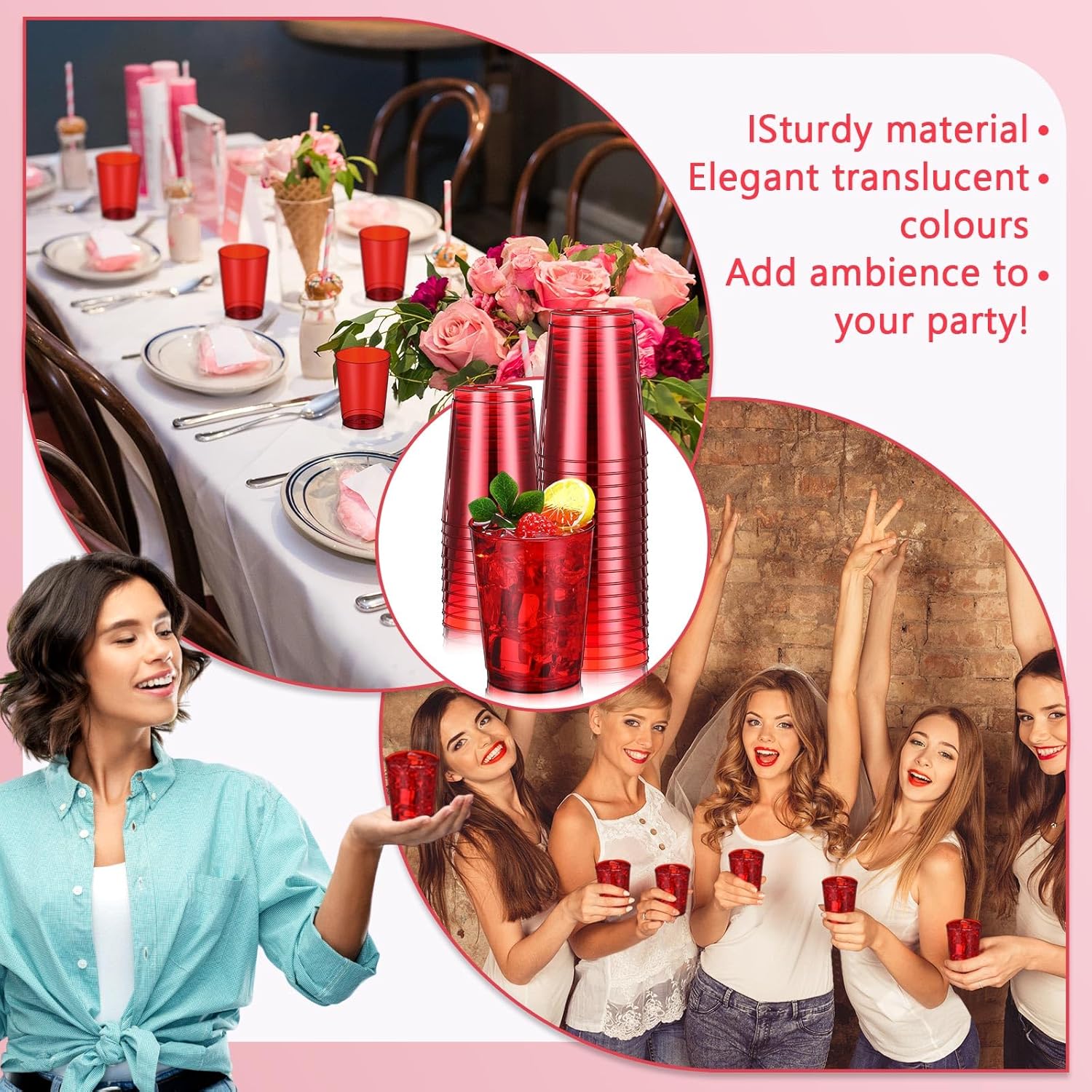 Minatee 100 Count Plastic Cups Disposable Fancy Cups Heavy Duty Wine Cocktail Glasses for Galentine's, Valentine's, Wedding, and Birthday Party Supplies Plastic Drinking Tumblers(10 oz,Red) - Image 7