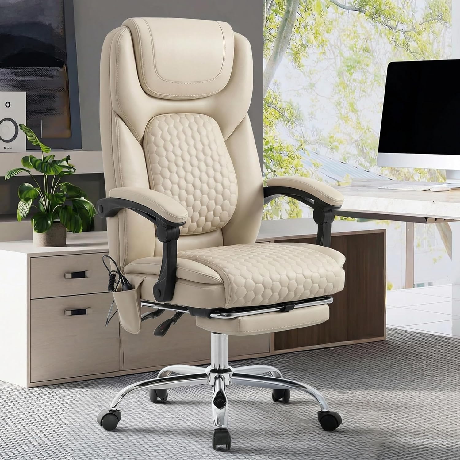 MALOL Massage Office Chair with 3-Level Heat and Footrest – 20-Min Easy Assembly, 300 lbs Big and Tall Reclining Desk Chair, PU Leather Ergonomic Executive Computer Chair with Side Pocket, Beige
