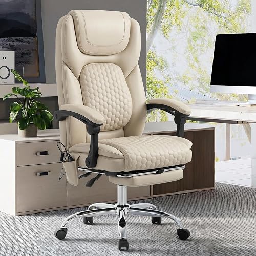 MALOL Massage Office Chair with Heat and Footrest, 300 lbs Easy Assembly Leather Desk Chair -3-Level 65°C Targeted Heating, Big and Tall Executive Computer Chair with Side Pocket, Beige