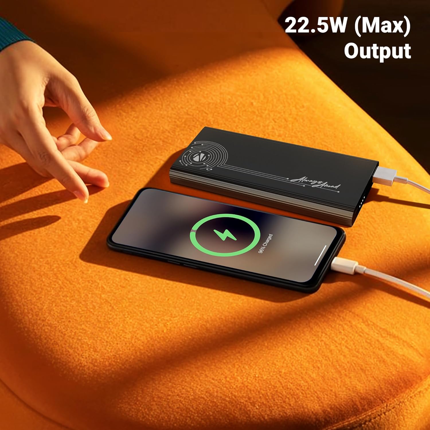 ZEBRONICS EnergiPod 10MR1 Power Bank charging a smartphone with 22.5W Max Output text